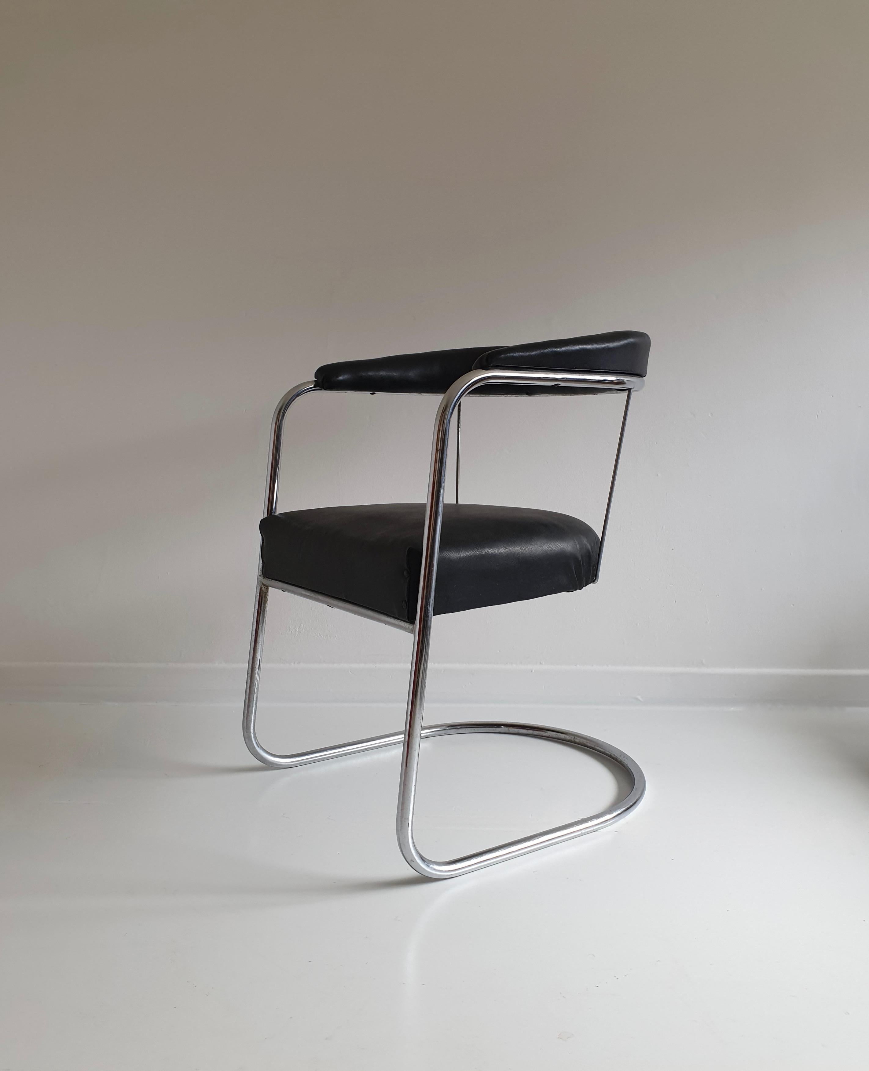 Tubular Chrome & Black Leatherette Bauhaus Style Chair by PEL, England In Good Condition In London, GB