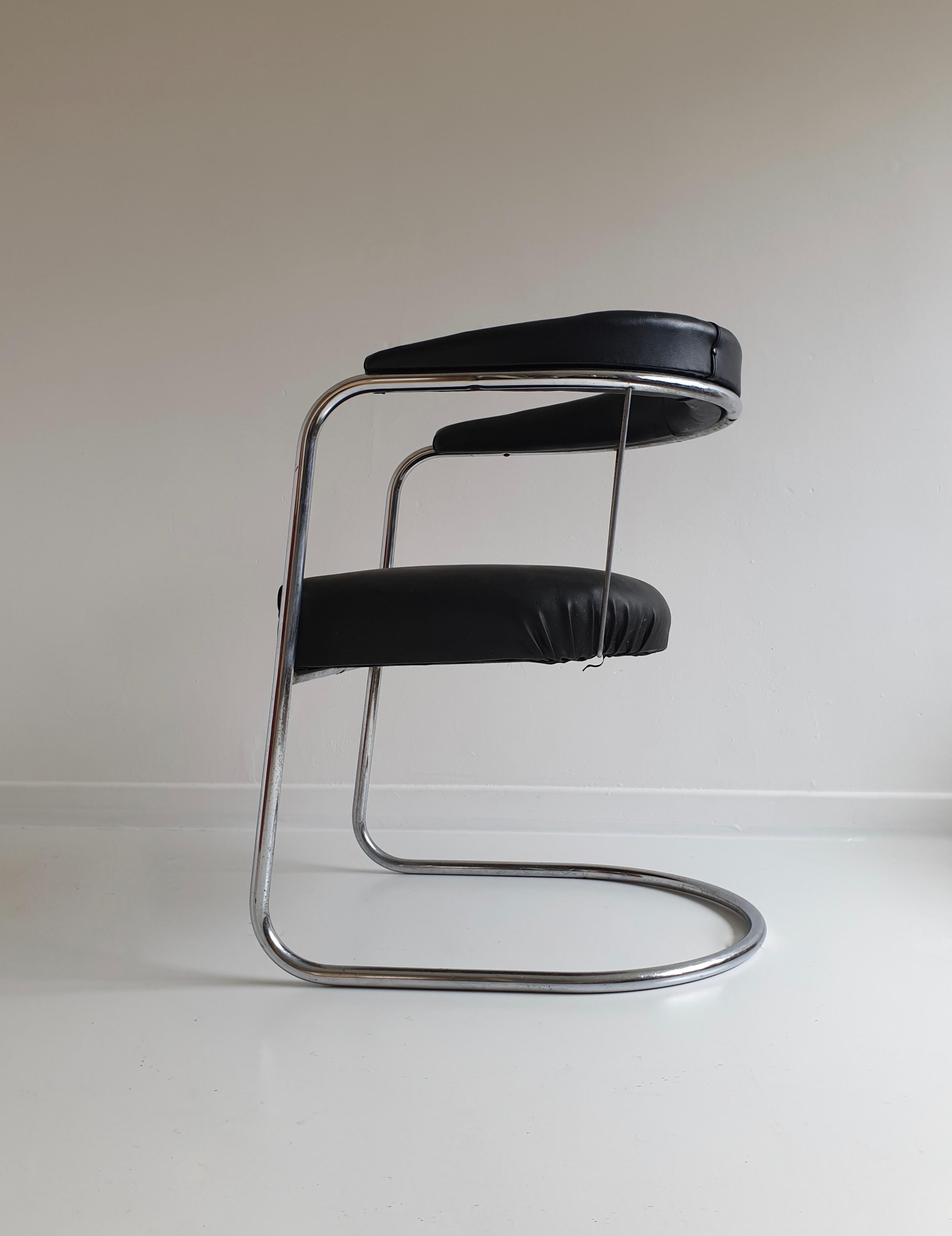 Mid-20th Century Tubular Chrome & Black Leatherette Bauhaus Style Chair by PEL, England