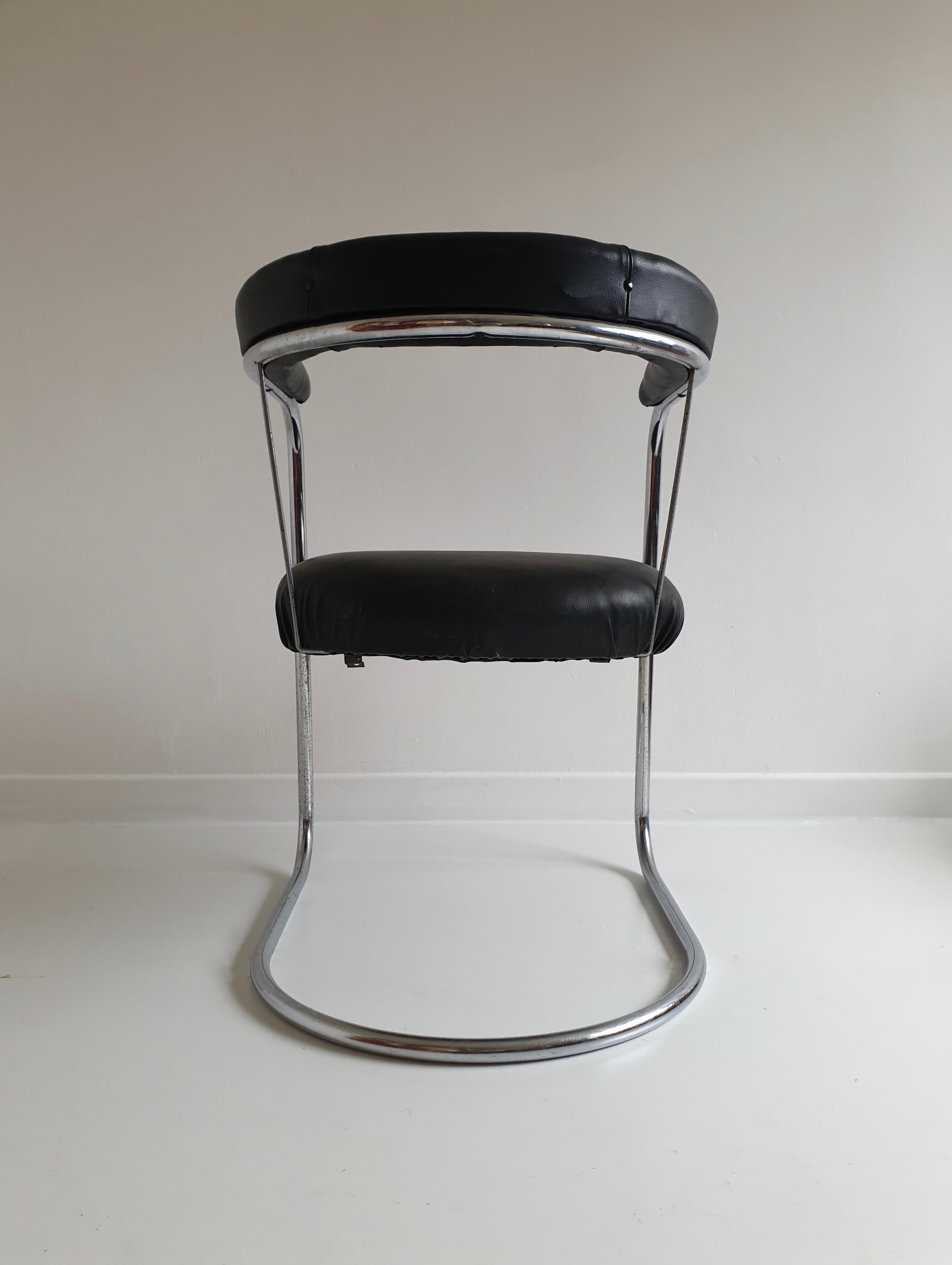 Tubular Chrome & Black Leatherette Bauhaus Style Chair by PEL, England 1