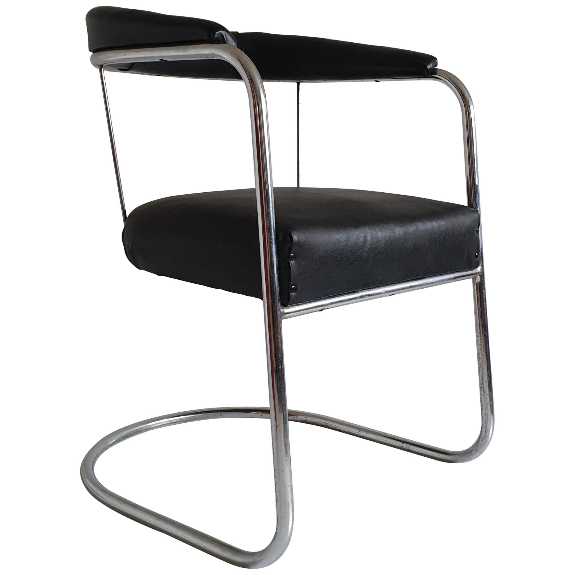 Tubular Chrome & Black Leatherette Bauhaus Style Chair by PEL, England