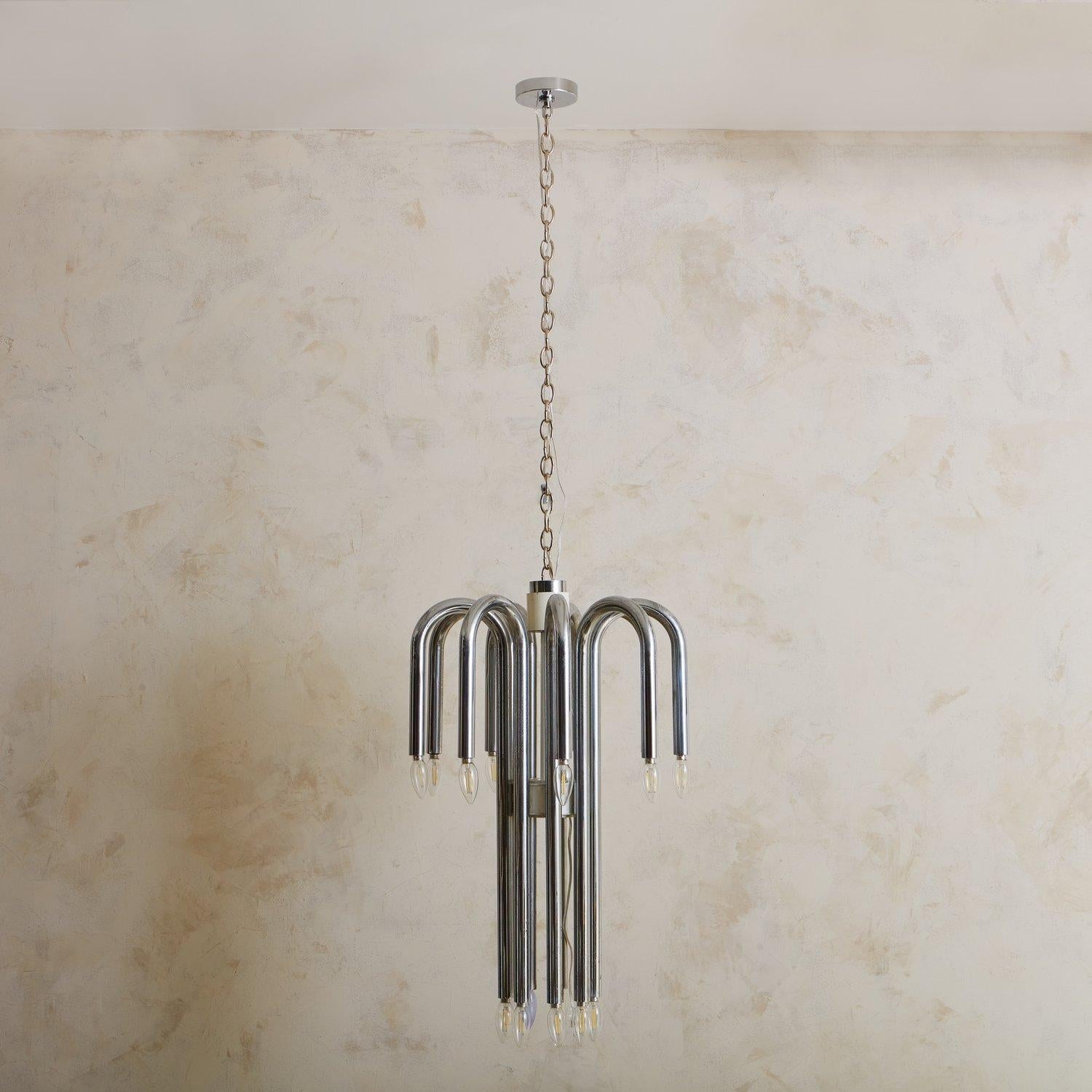 Tubular Chrome Chandelier Attributed to Angelo Brotto, Italy 1970s 4