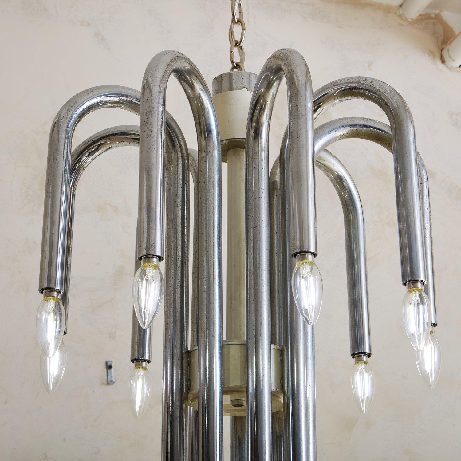 Tubular Chrome Chandelier Attributed to Angelo Brotto, Italy 1970s 6