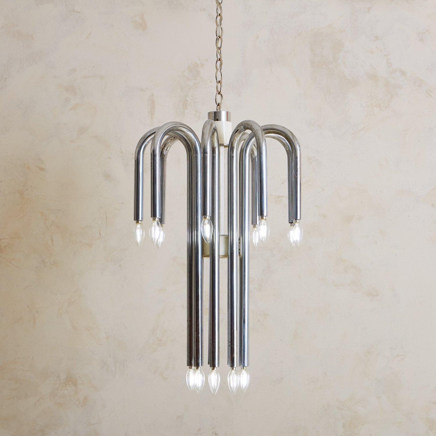 Italian Tubular Chrome Chandelier Attributed to Angelo Brotto, Italy 1970s