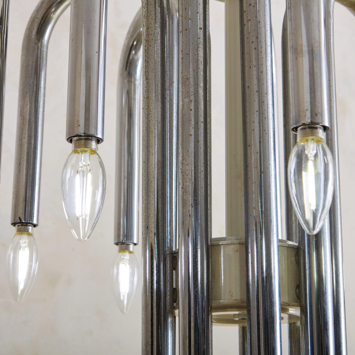 Tubular Chrome Chandelier Attributed to Angelo Brotto, Italy 1970s 1