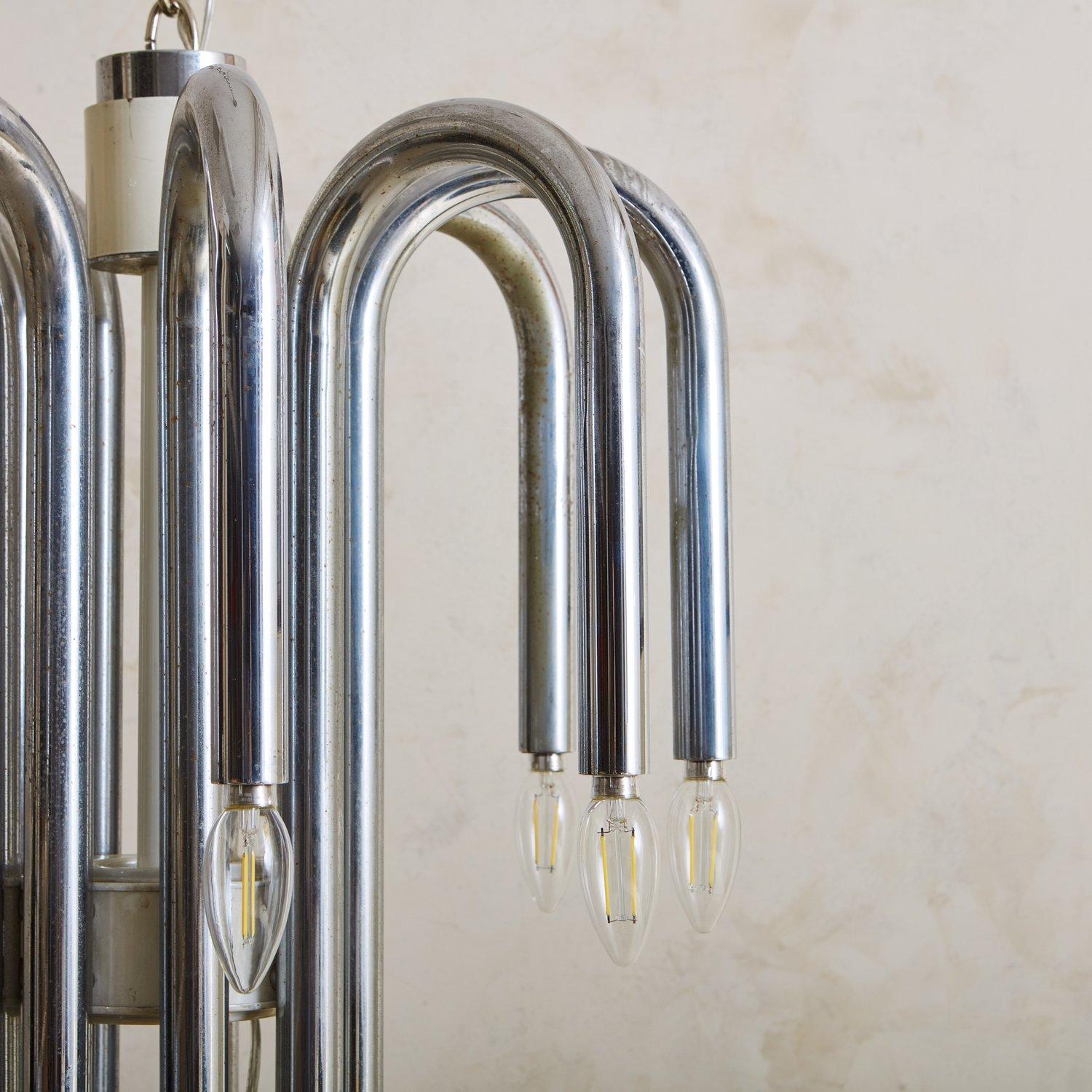 Tubular Chrome Chandelier Attributed to Angelo Brotto, Italy 1970s 2