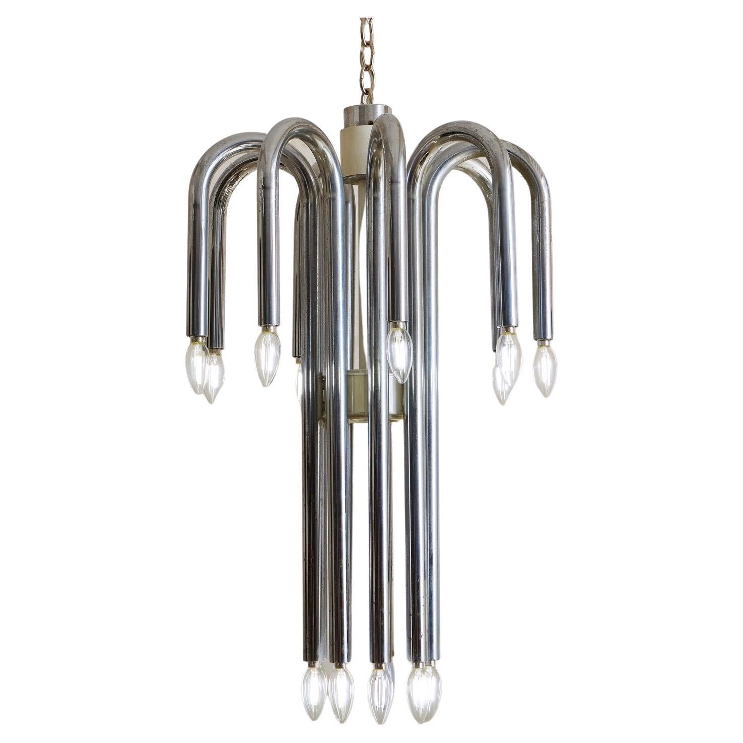 Tubular Chrome Chandelier Attributed to Angelo Brotto, Italy 1970s
