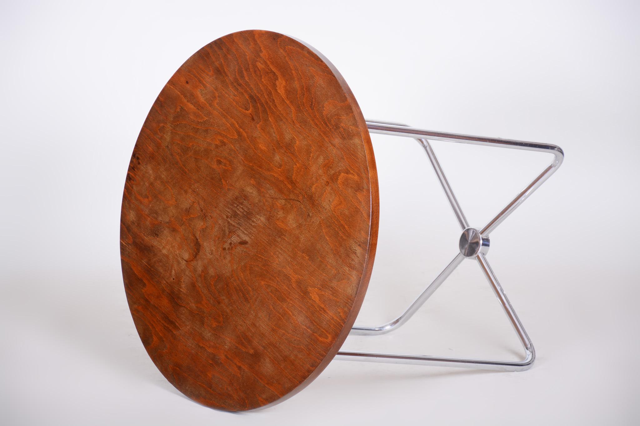 Tubular Chrome Czech Bauhaus Art Deco Beech Round Table, Mücke & Melder, 1930s 1