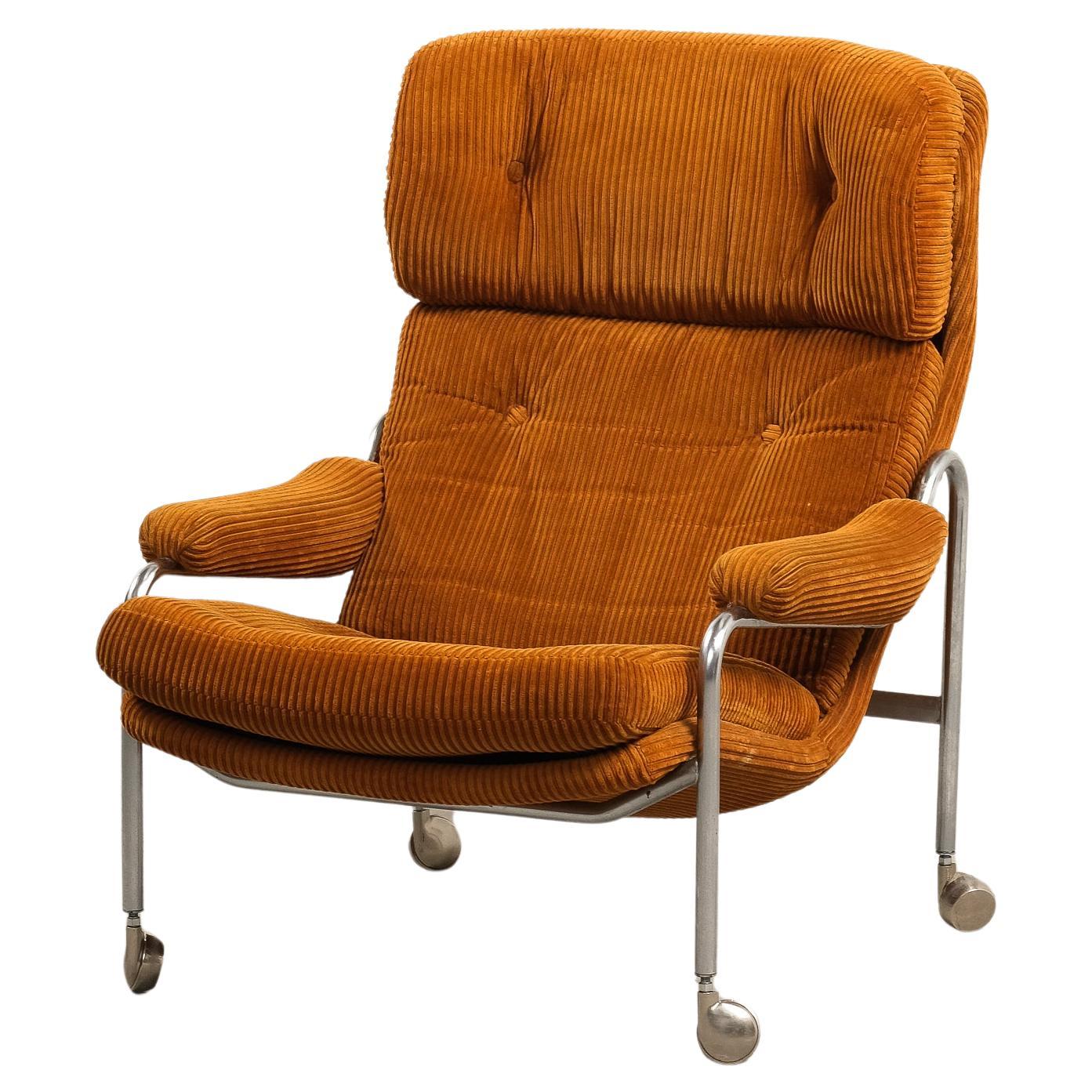 Tubular Chrome Steel Lounge Chair with Corduroy Fabric Upholstery, 1970s