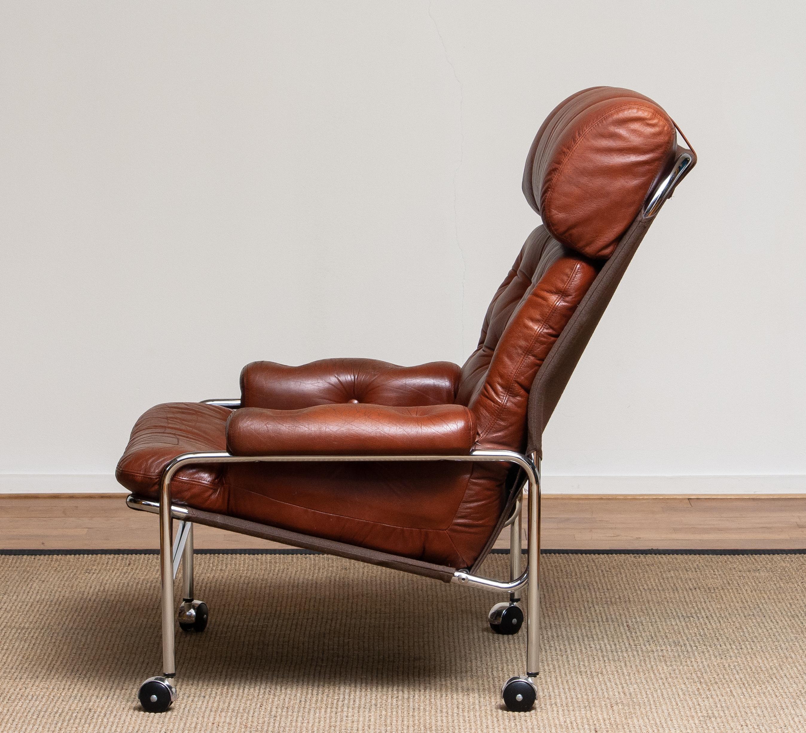 Tubular Chromed Lounge Chair With Brown Cognac Leather By Lindlöfs. Sweden 1960s 4