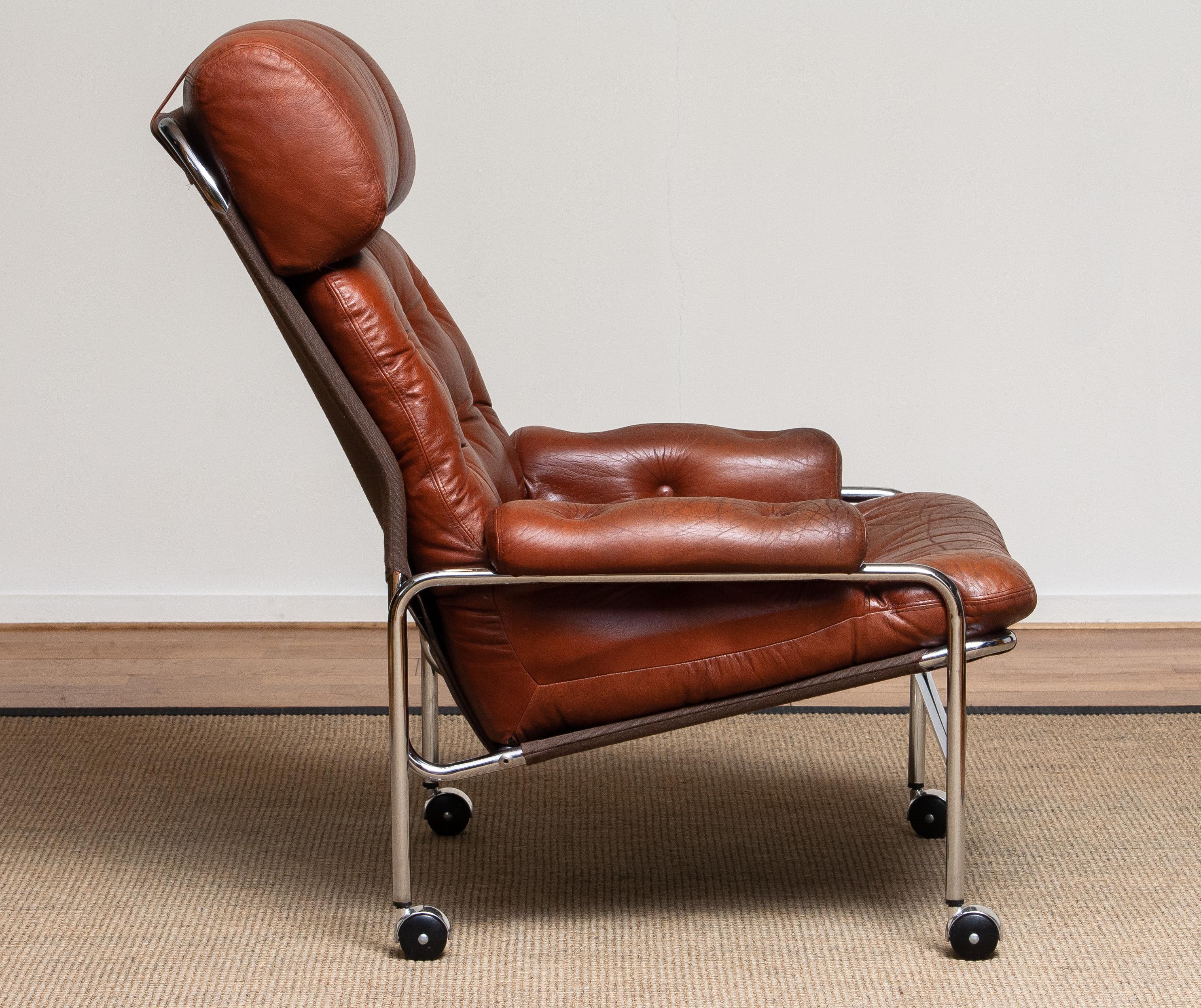 Tubular Chromed Lounge Chair With Brown Cognac Leather By Lindlöfs. Sweden 1960s 5