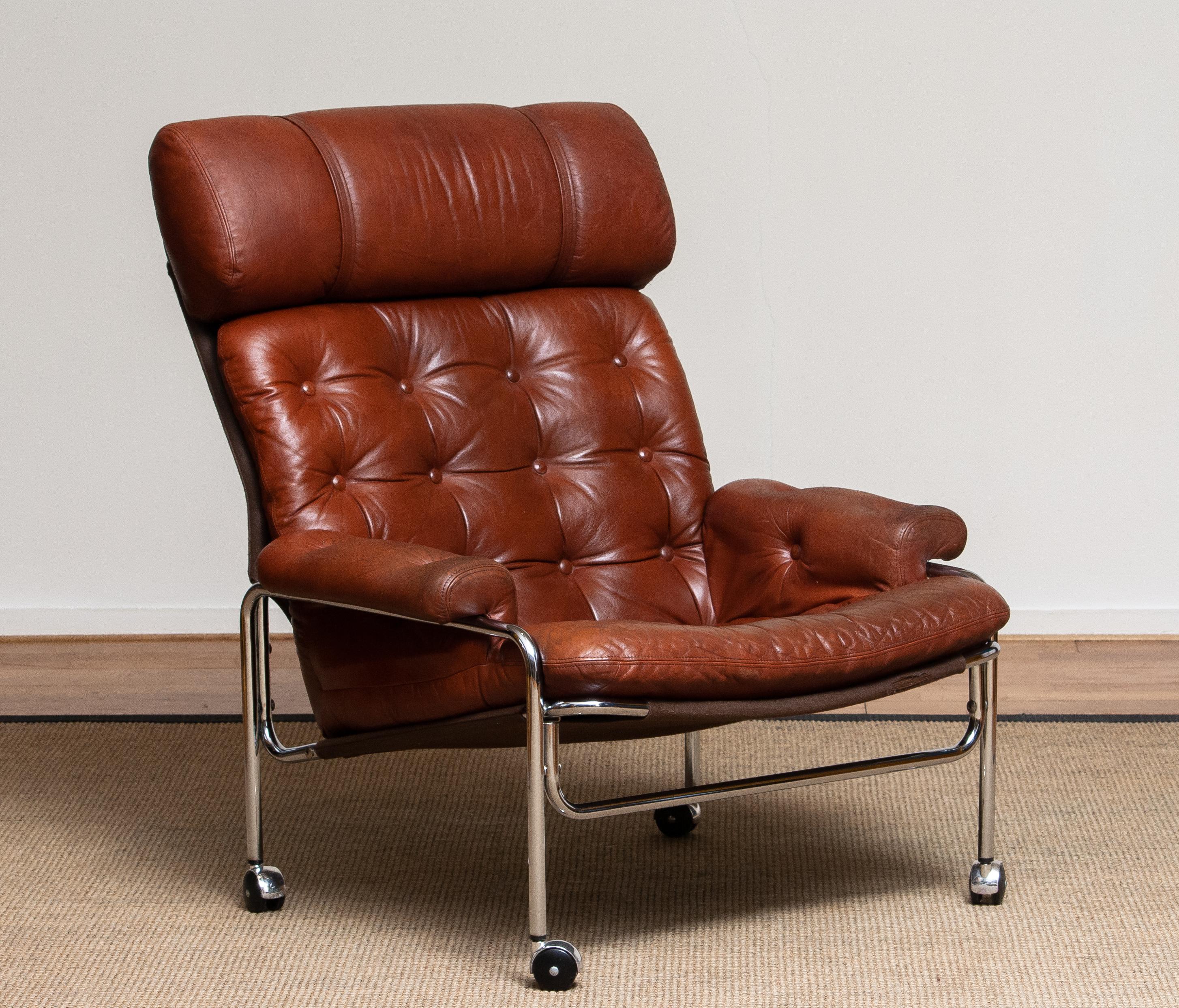 Tubular Chromed Lounge Chair With Brown Cognac Leather By Lindlöfs. Sweden 1960s 6