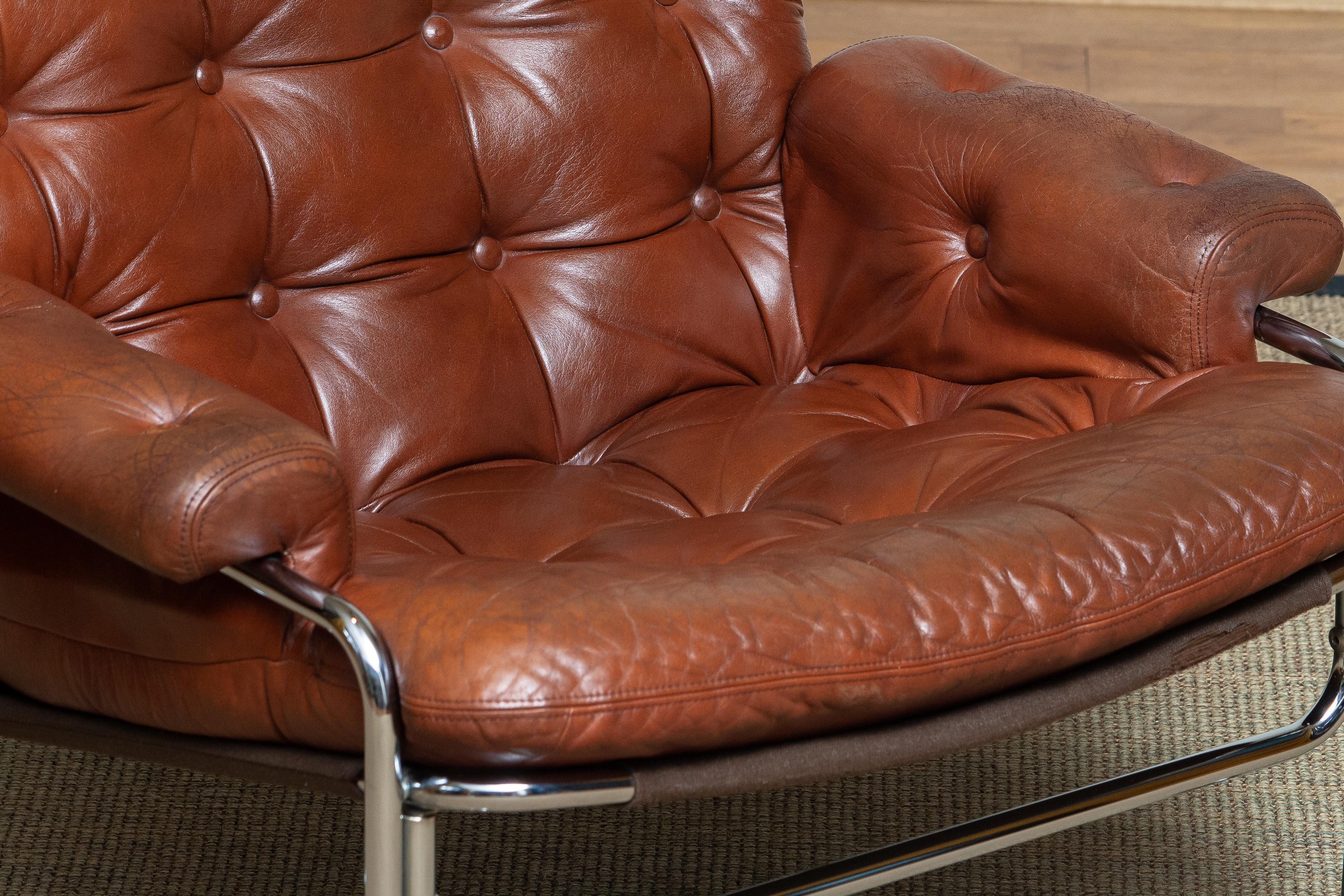 Tubular Chromed Lounge Chair With Brown Cognac Leather By Lindlöfs. Sweden 1960s 8
