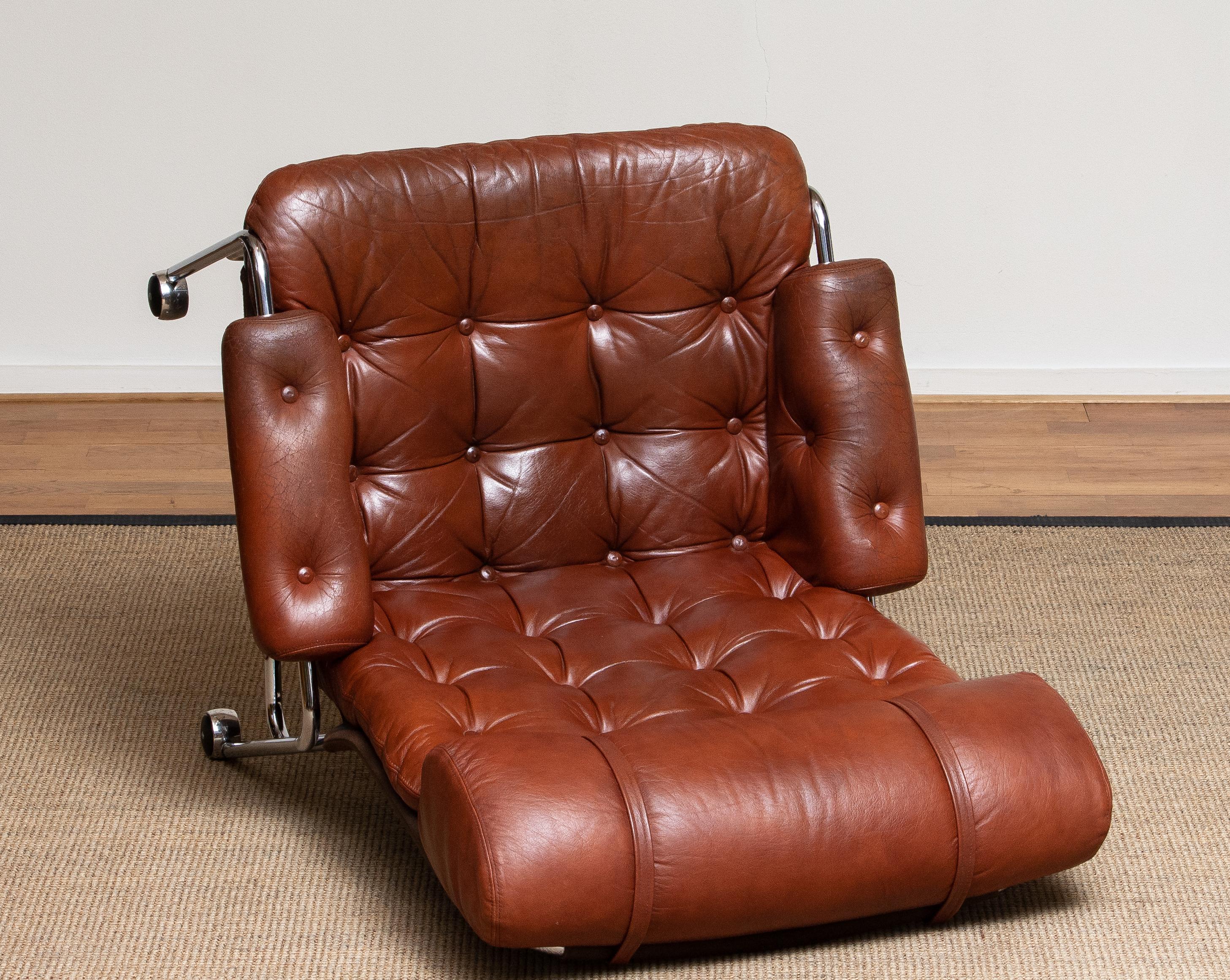 Tubular Chromed Lounge Chair With Brown Cognac Leather By Lindlöfs. Sweden 1960s 9