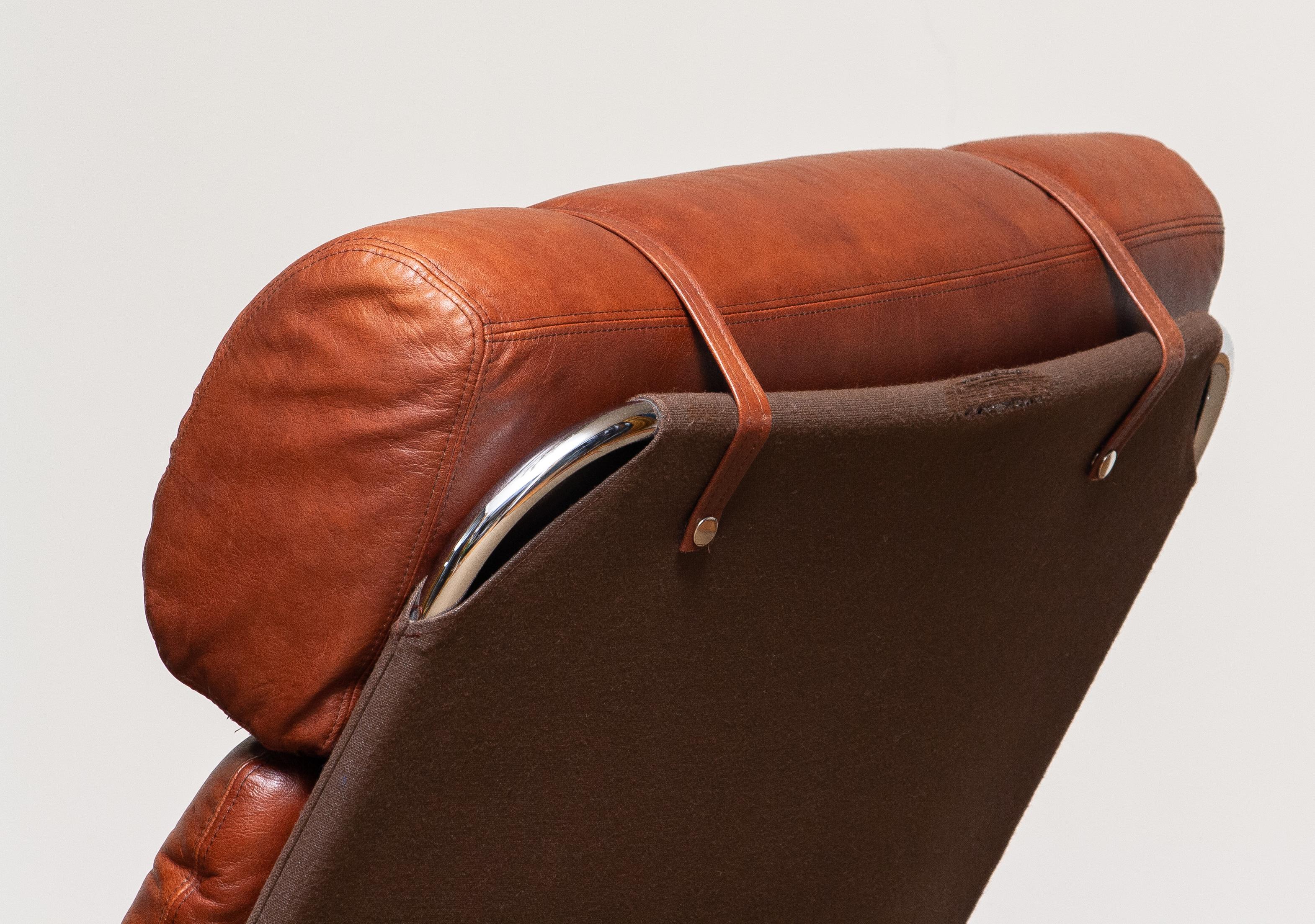 Tubular Chromed Lounge Chair With Brown Cognac Leather By Lindlöfs. Sweden 1960s 1