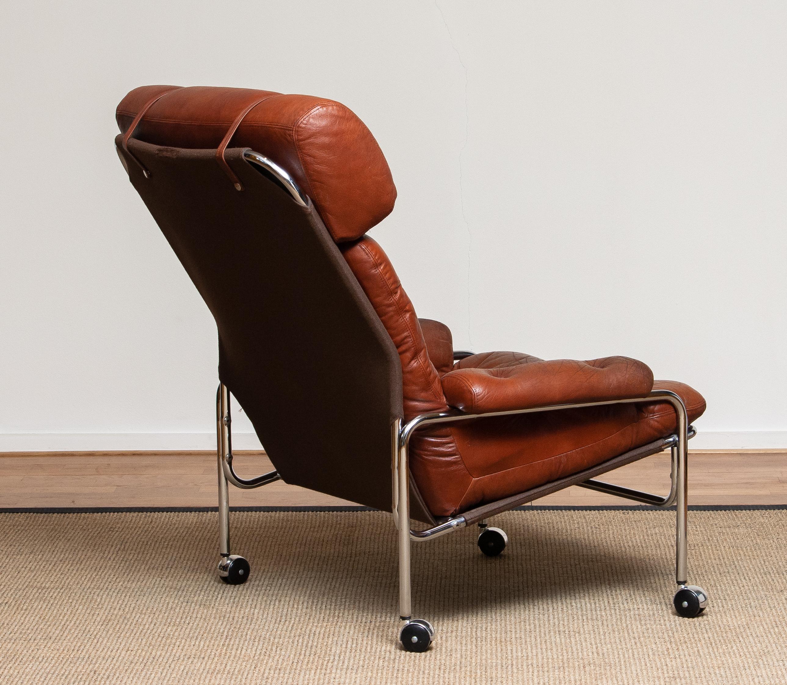 Tubular Chromed Lounge Chair With Brown Cognac Leather By Lindlöfs. Sweden 1960s 2