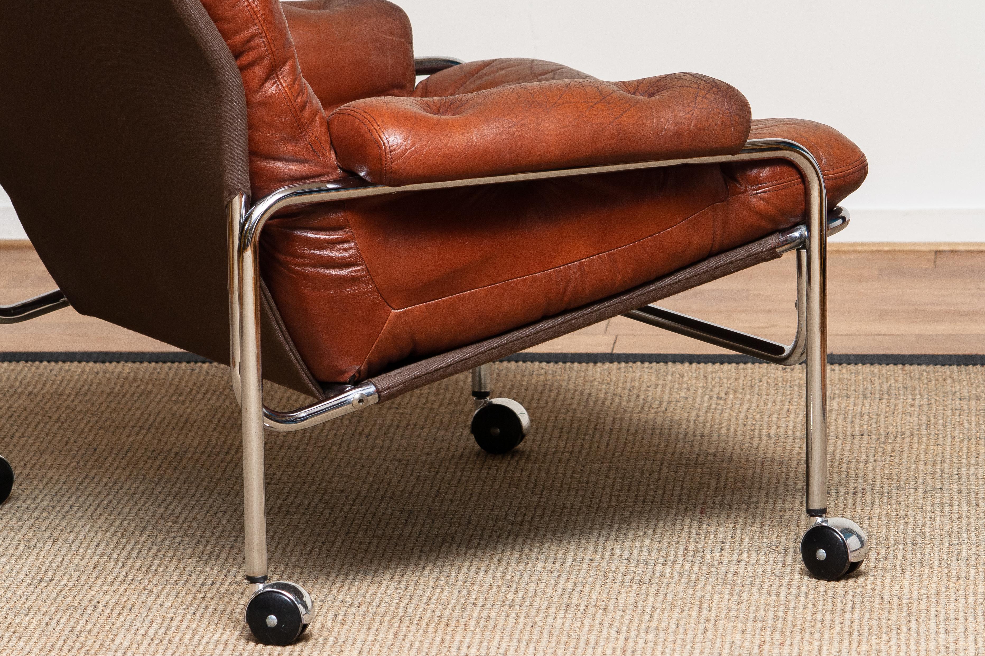 Tubular Chromed Lounge Chair With Brown Cognac Leather By Lindlöfs. Sweden 1960s 3