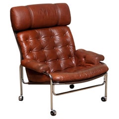 Tubular Chromed Lounge Chair With Brown Cognac Leather By Lindlöfs. Sweden 1960s