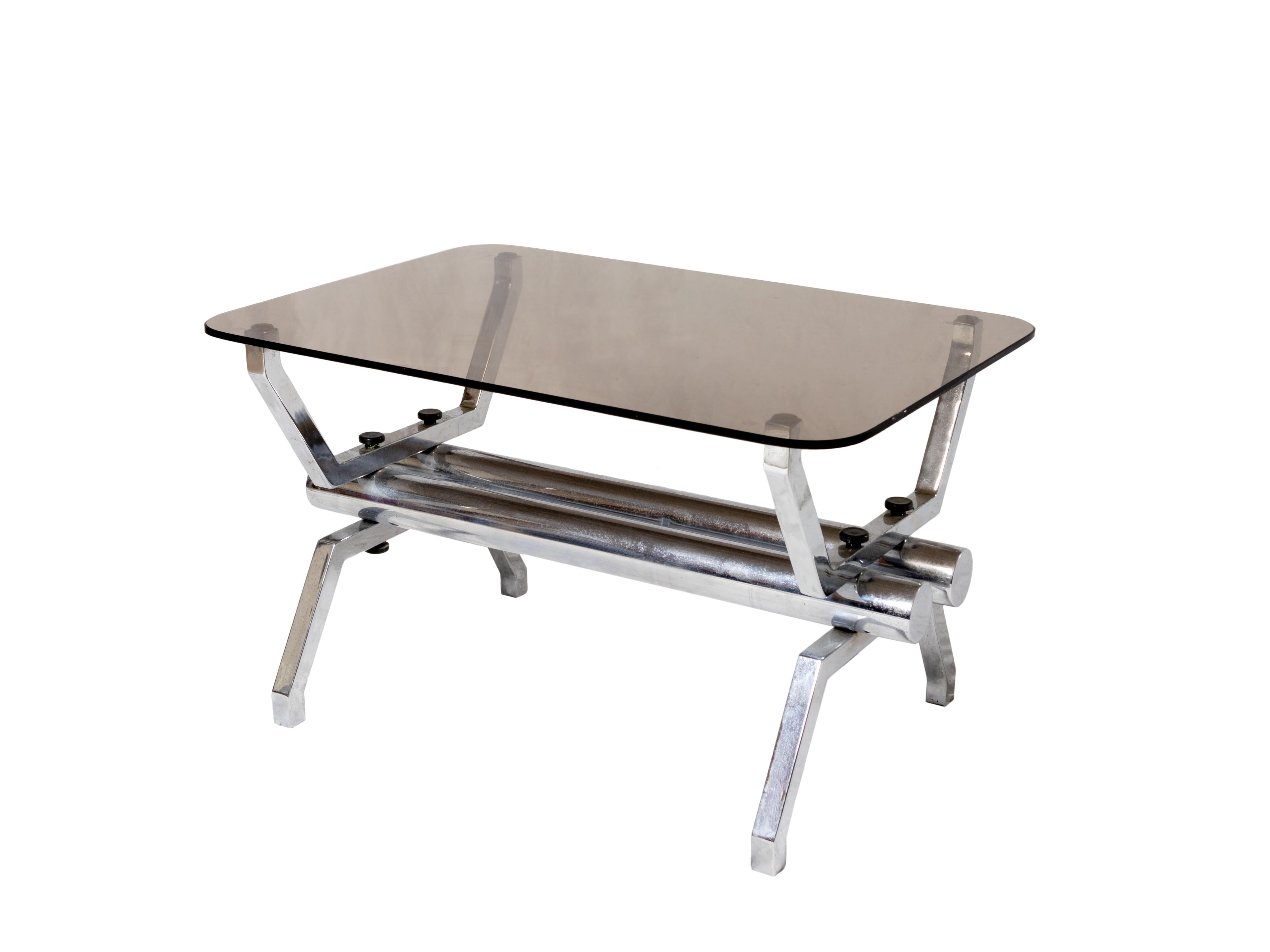 Smoked Glass Tubular chromed smoked glass italian coffee table, 1970s For Sale