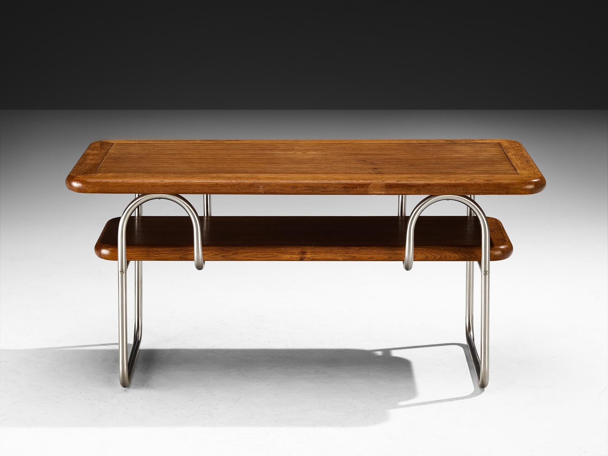 European Tubular Coffee Table in Oak and Chromed Metal For Sale