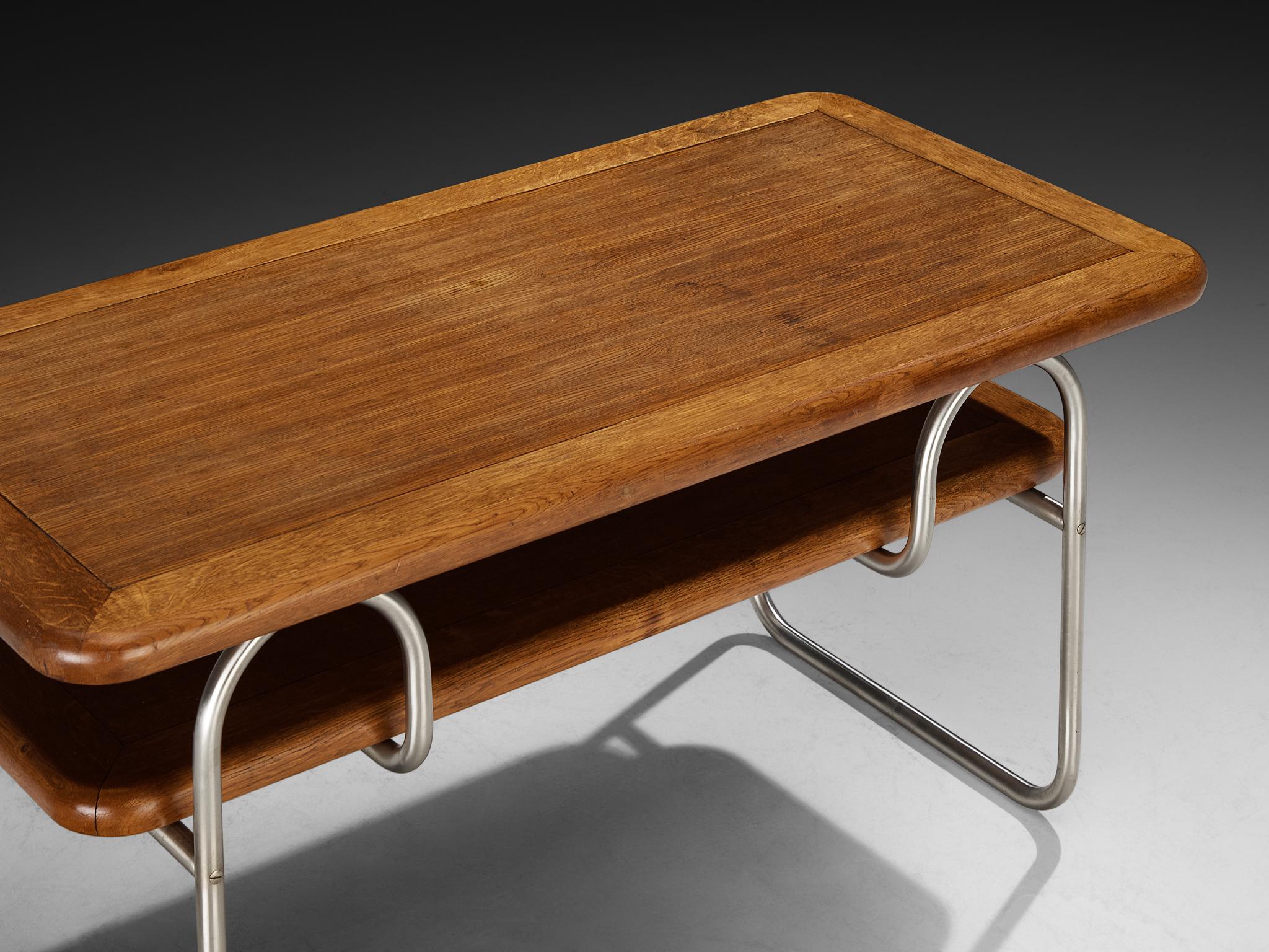Tubular Coffee Table in Oak and Chromed Metal In Good Condition For Sale In Waalwijk, NL
