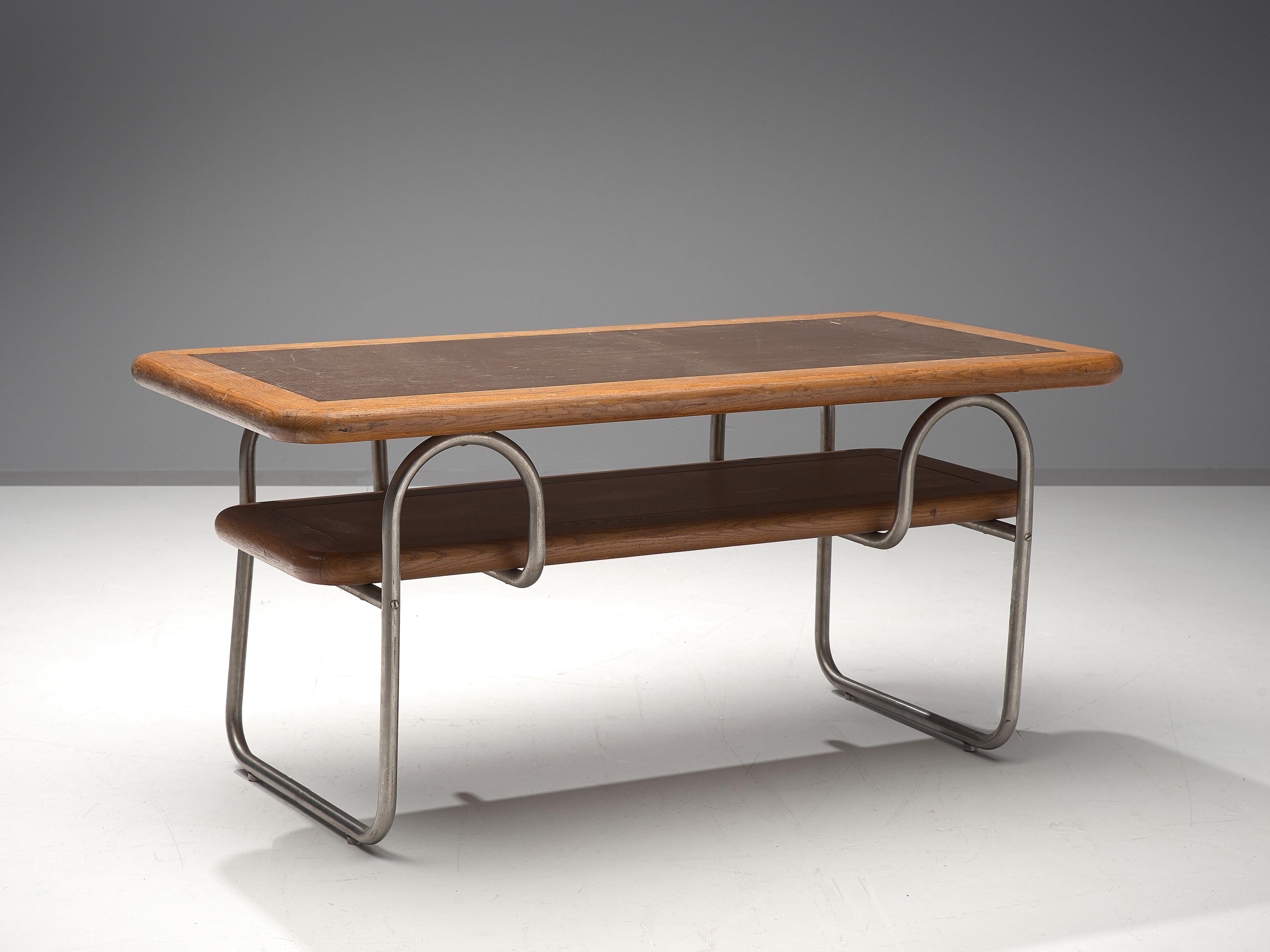 Late 20th Century Tubular Coffee Table in Oak and Metal  For Sale