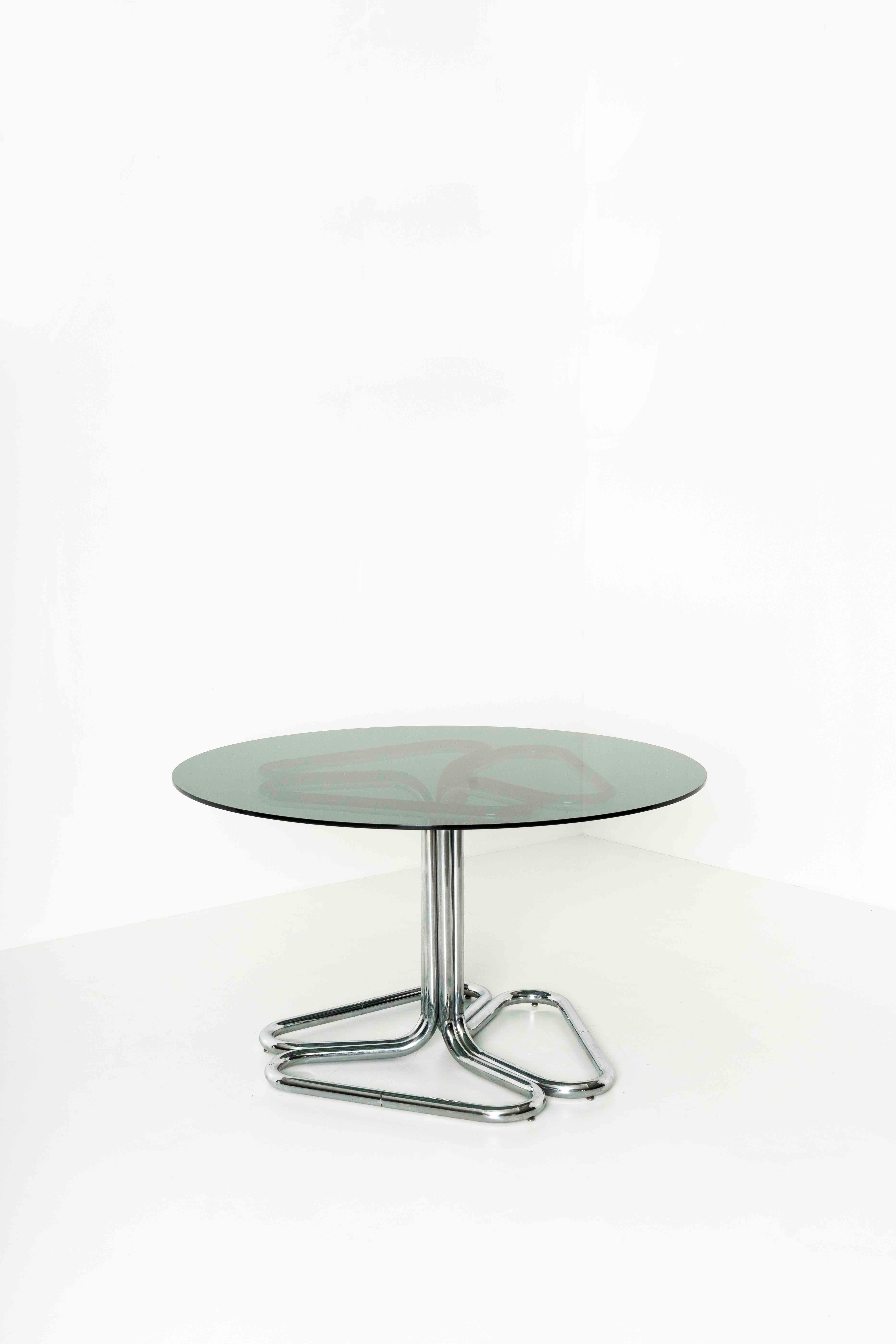 Italian Tubular Dining Room Table in Chrome and Smoked Glass by Giotto Stoppino, 1970s For Sale