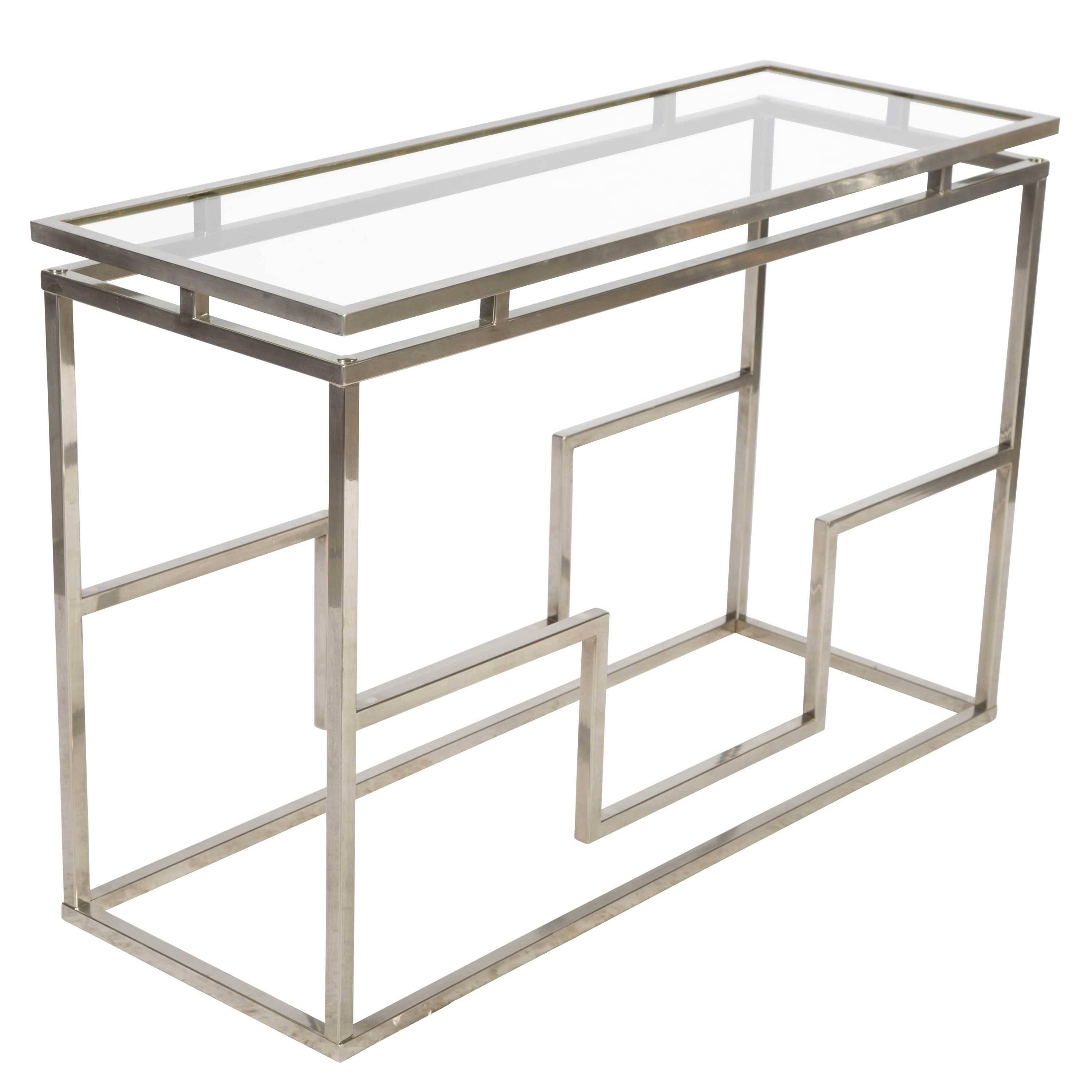 Stylish 1980s French tubular chrome and glass console table or display shelves.