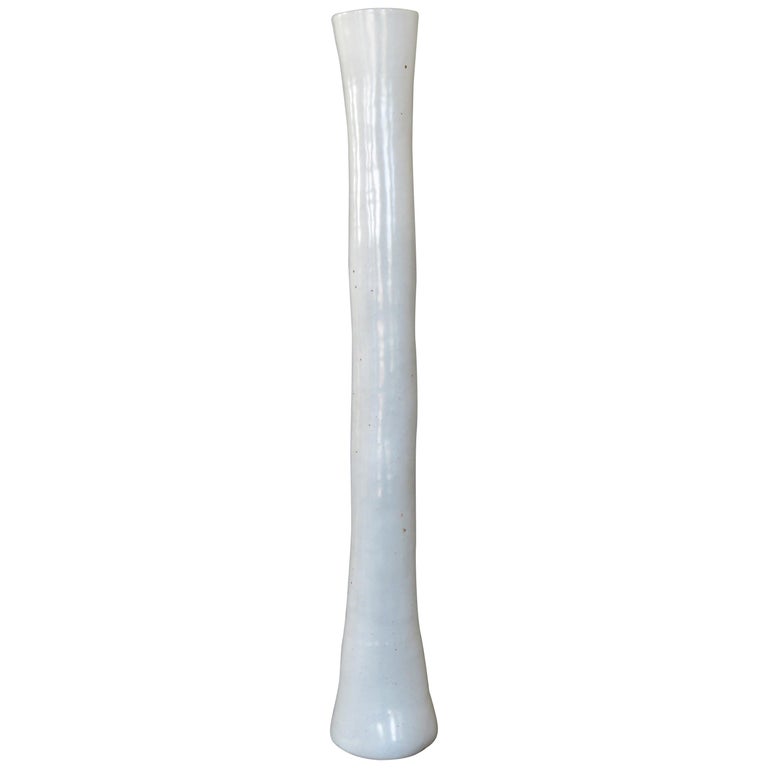 Tubular Handbuilt Ceramic Vase, White Glaze on White Stoneware, 27 Inches Tall For Sale