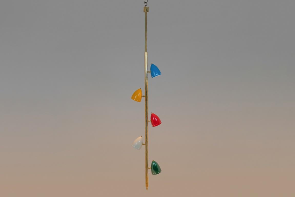 Lacquered Tubular hanging lamp in patinated and lacquered brass. Contemporary For Sale