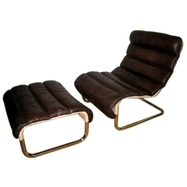 Tubular Leather Lounge Chair with Ottoman For Sale