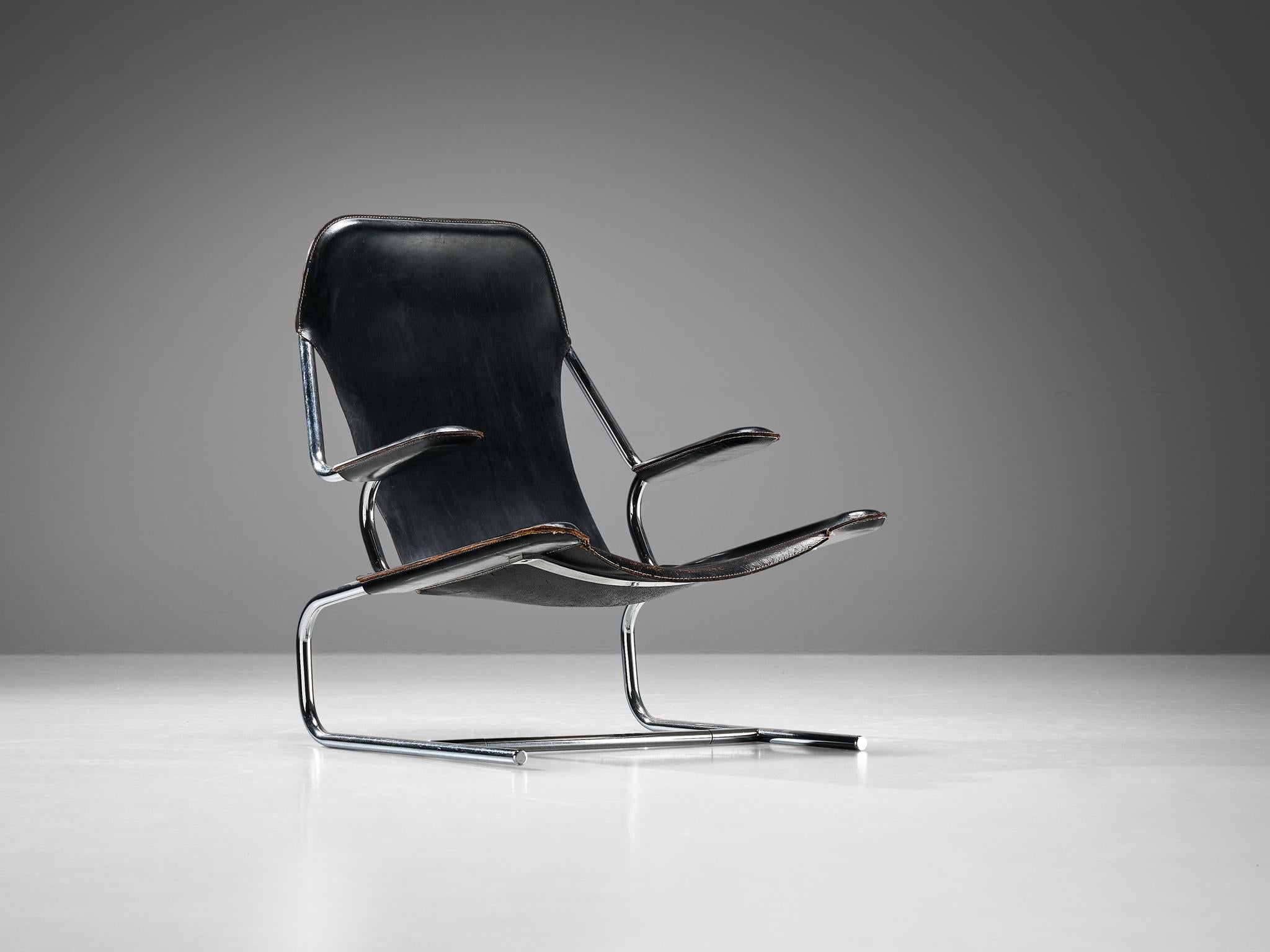 Modern Tubular Lounge Chair and Ottoman in Black Leather  For Sale
