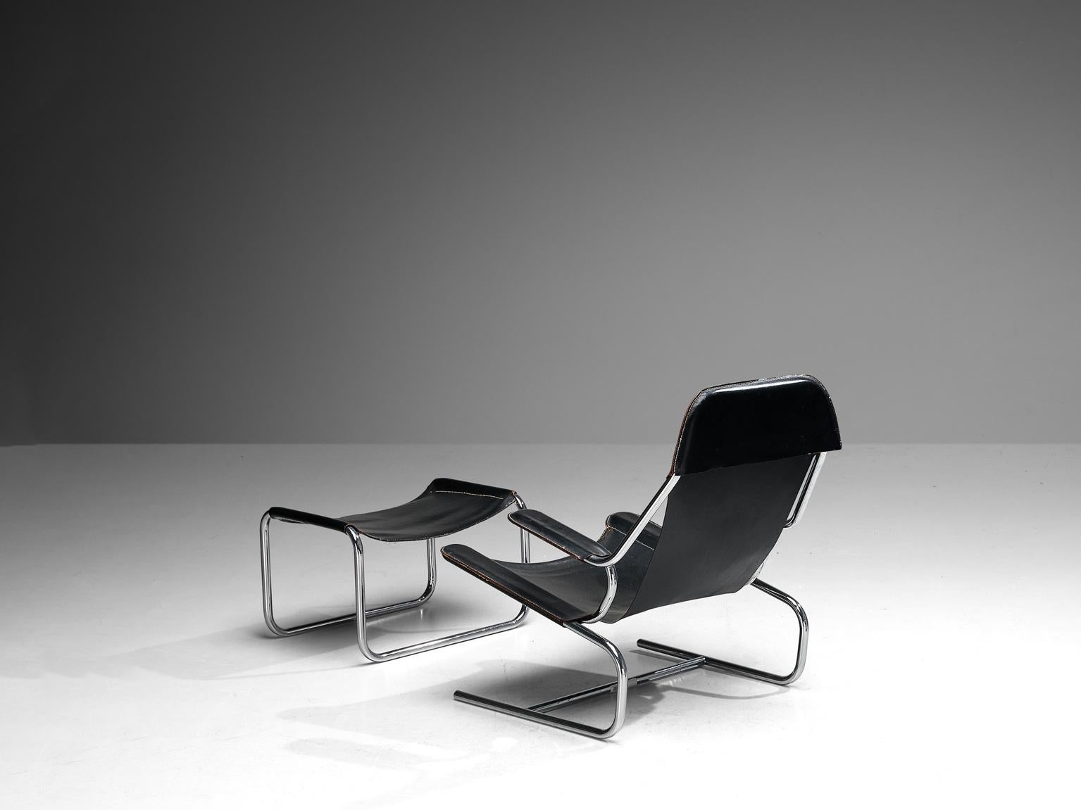 European Tubular Lounge Chair and Ottoman in Black Leather  For Sale