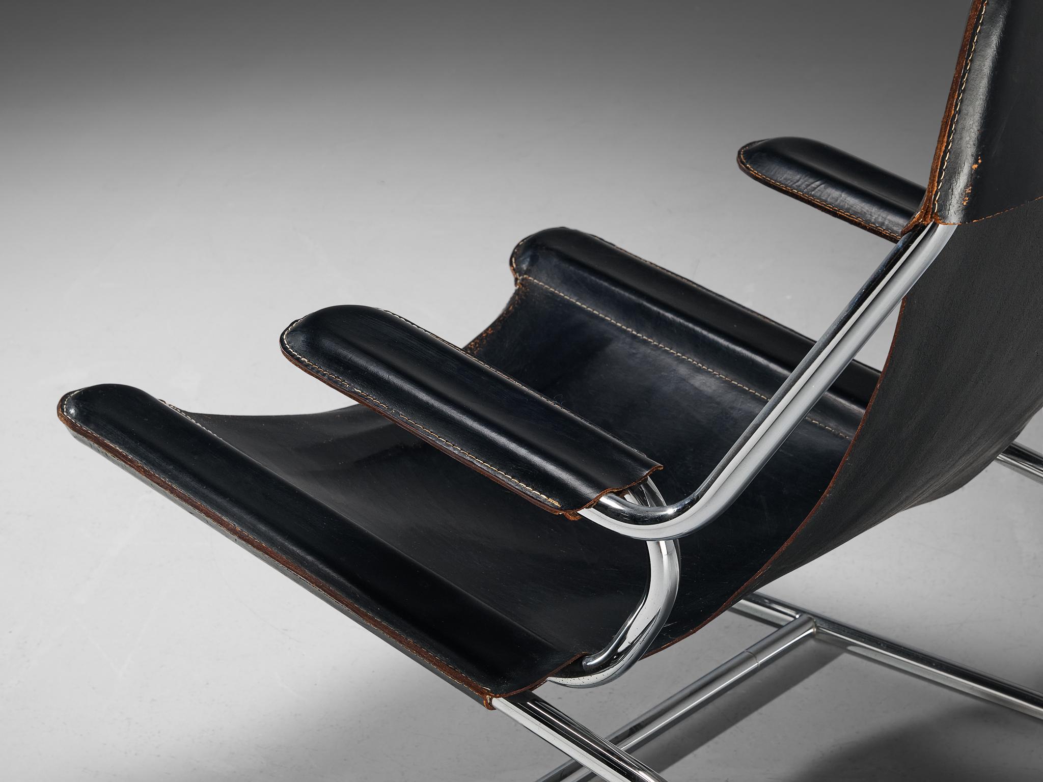 Tubular Lounge Chair and Ottoman in Black Leather  For Sale 1