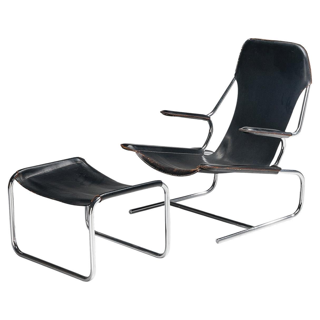 Tubular Lounge Chair and Ottoman in Black Leather 