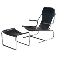 Vintage Tubular Lounge Chair and Ottoman in Black Leather 