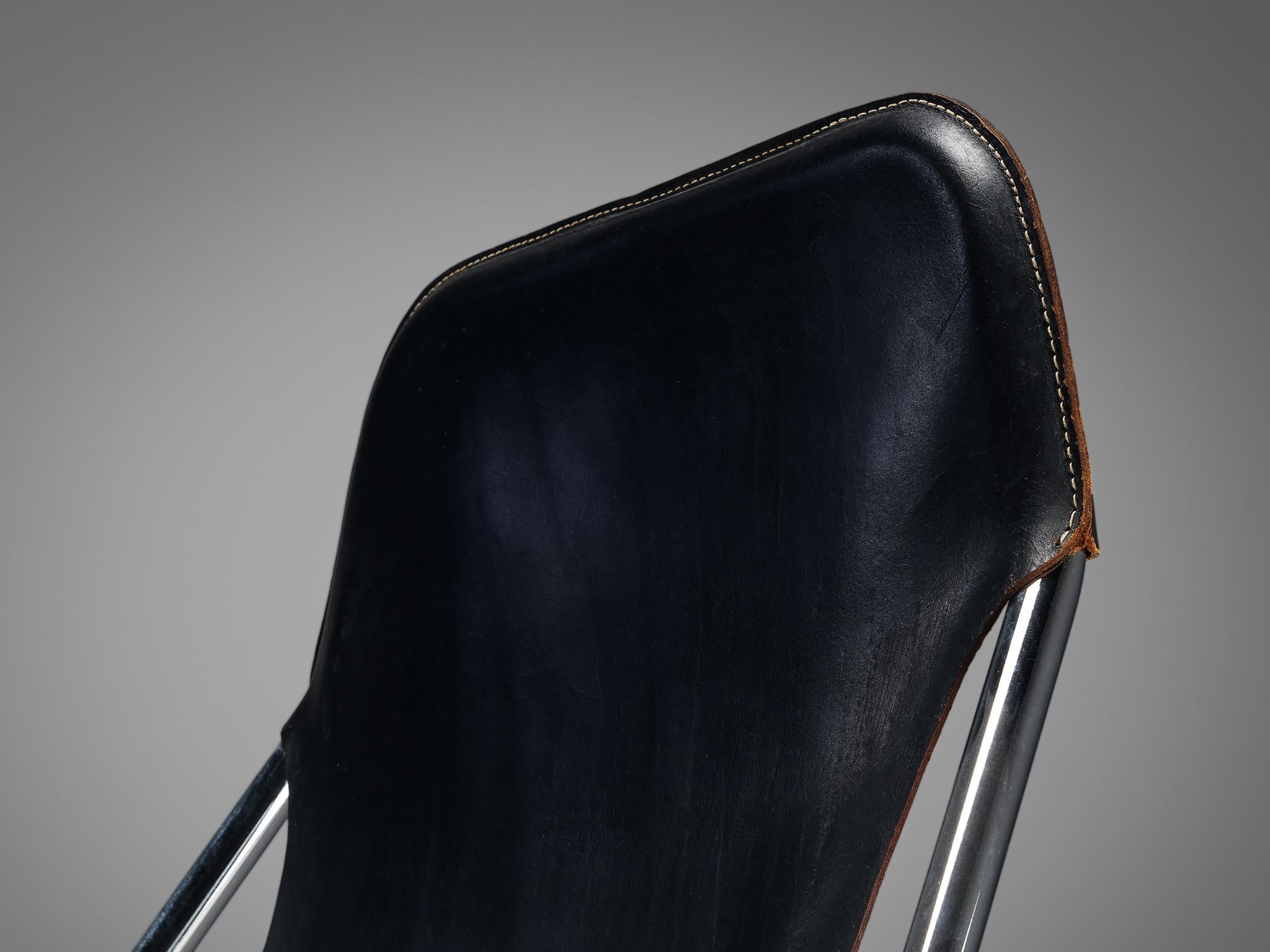 Metal Tubular Lounge Chair in Black Leather  For Sale