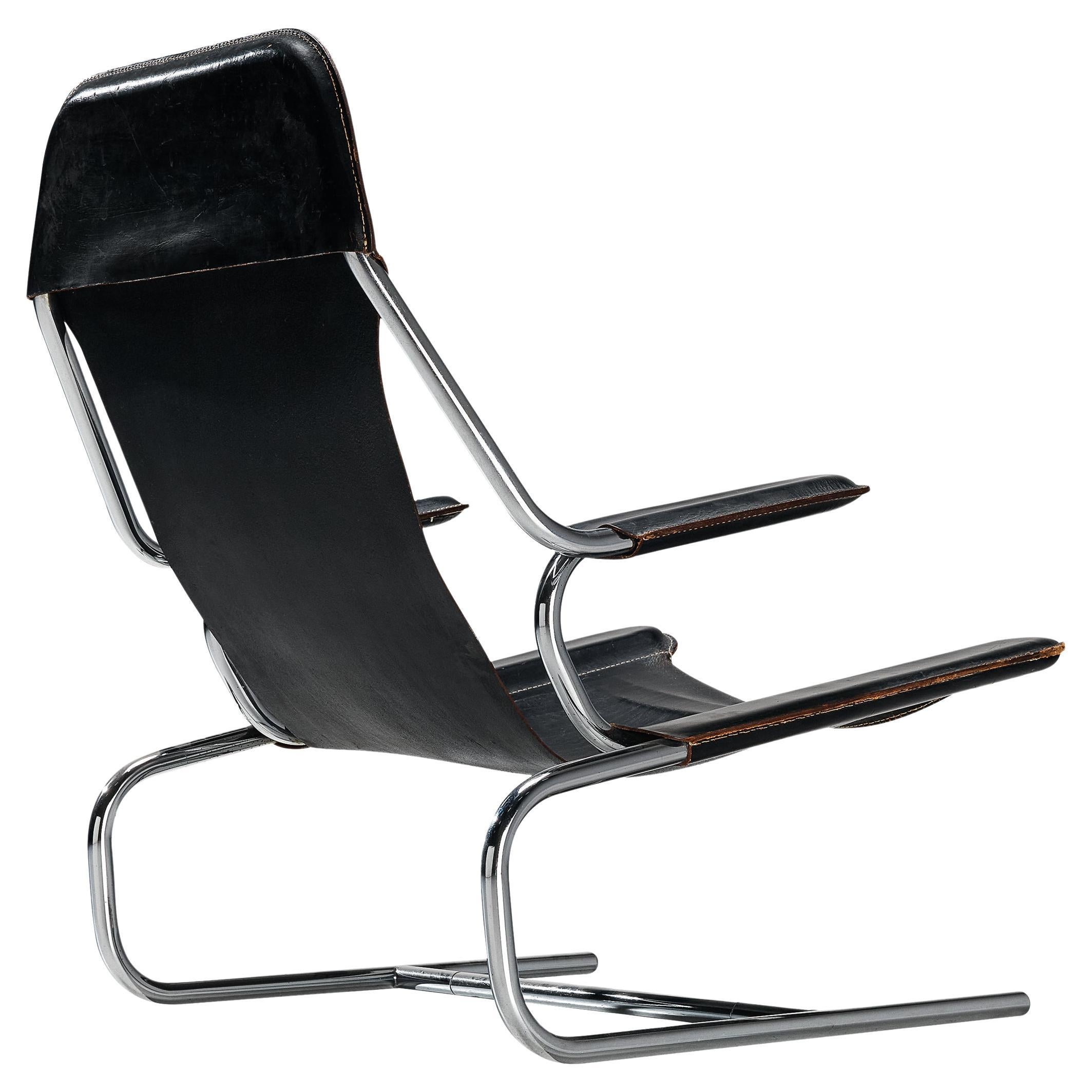 Tubular Lounge Chair in Black Leather  For Sale