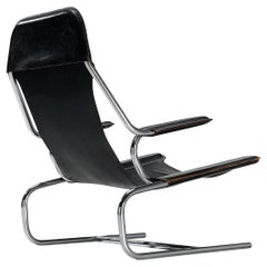 Vintage Tubular Lounge Chair in Black Leather 