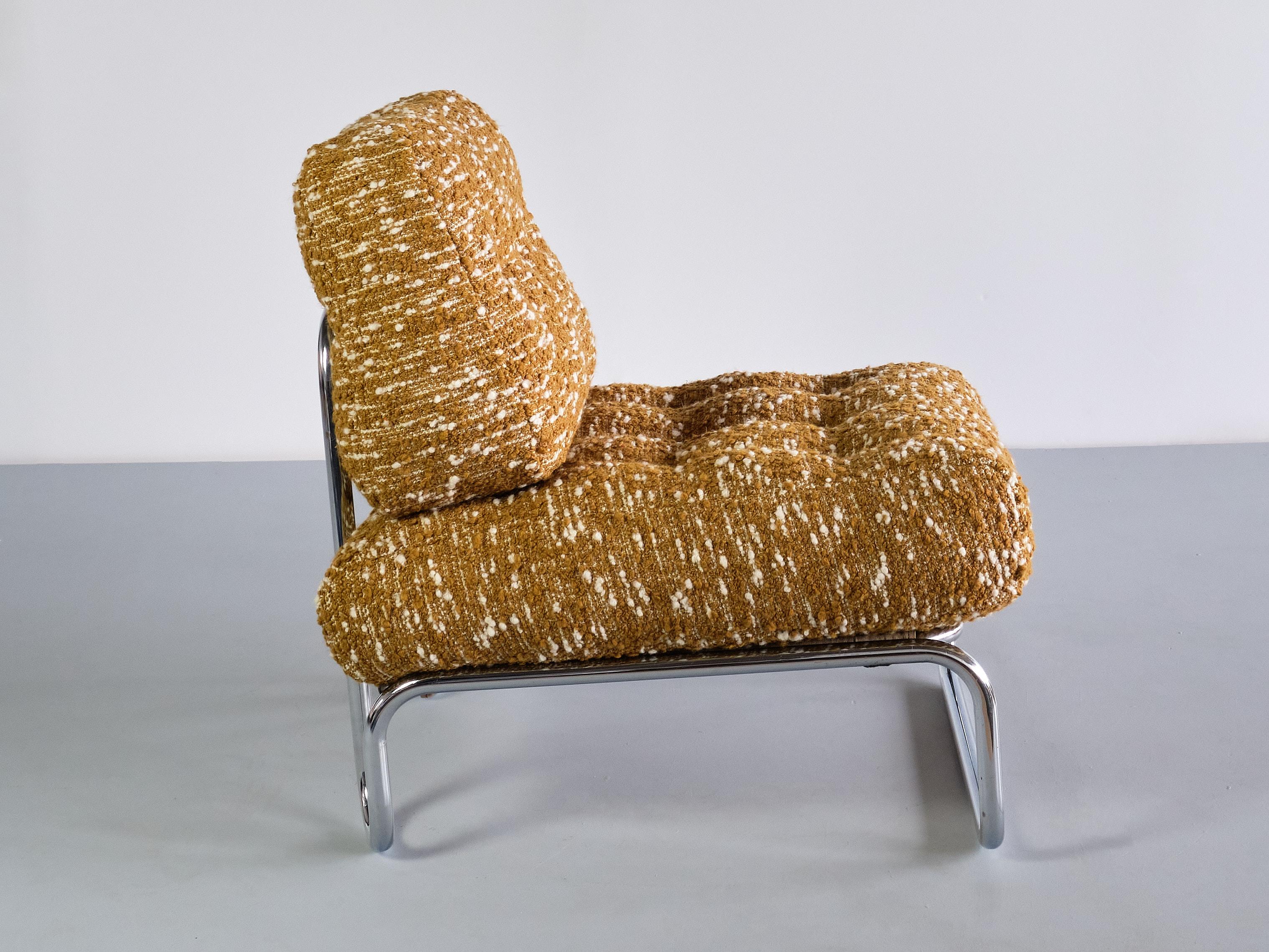 Tubular Lounge Chair in Chromed Metal and Ochre Élitis Bouclé, Germany, 1970s 4
