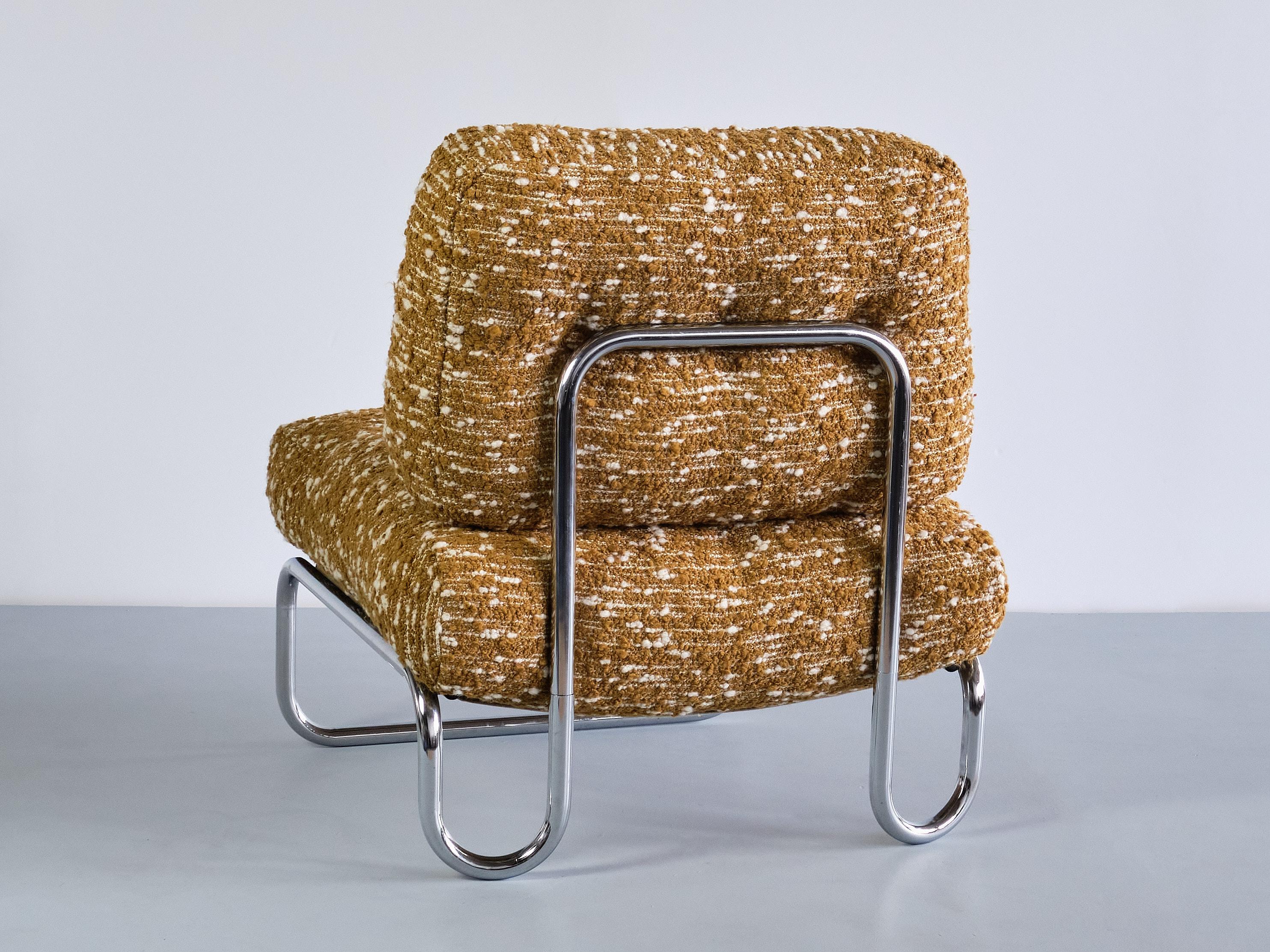 Tubular Lounge Chair in Chromed Metal and Ochre Élitis Bouclé, Germany, 1970s 5