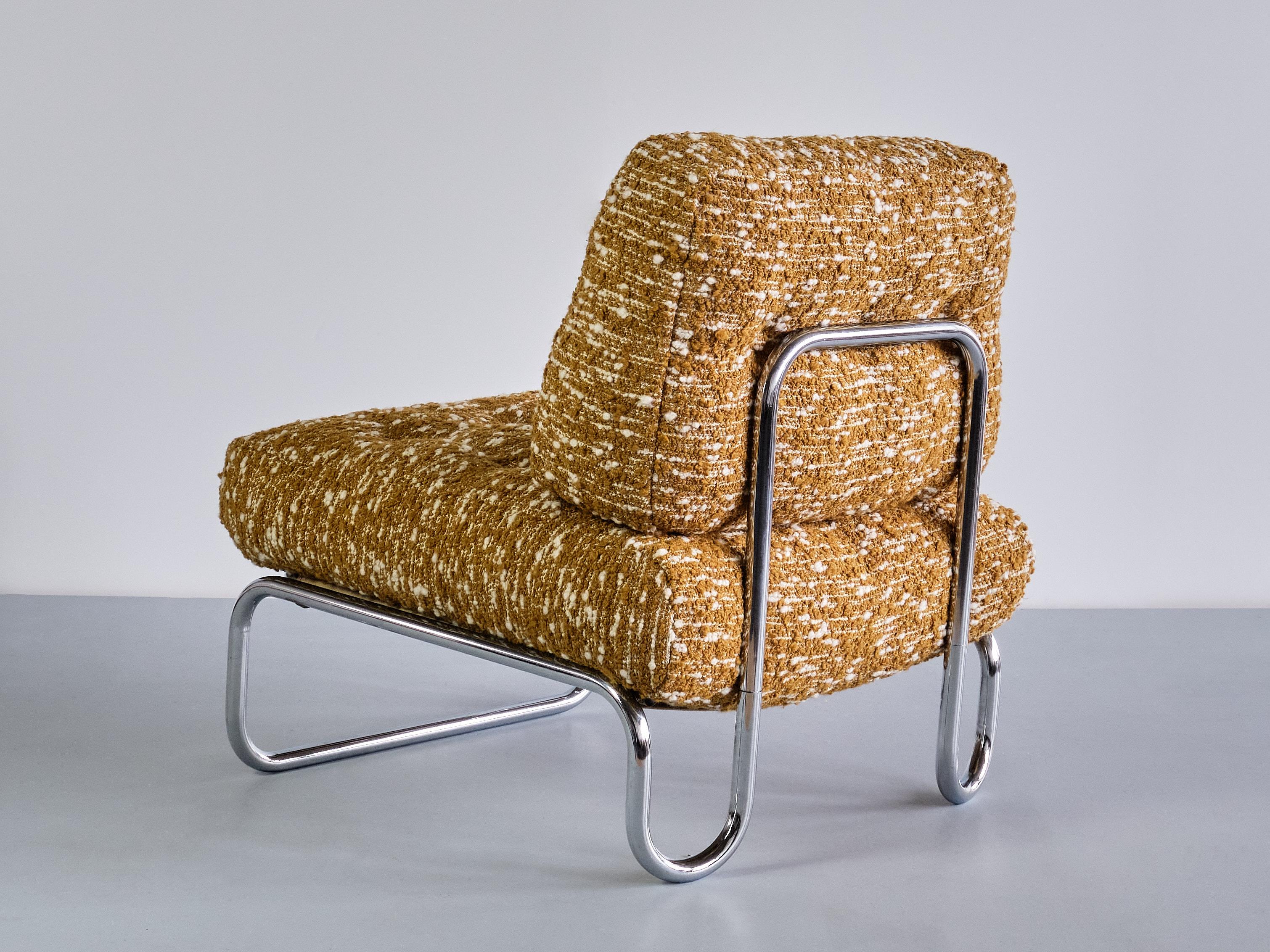 Tubular Lounge Chair in Chromed Metal and Ochre Élitis Bouclé, Germany, 1970s 7