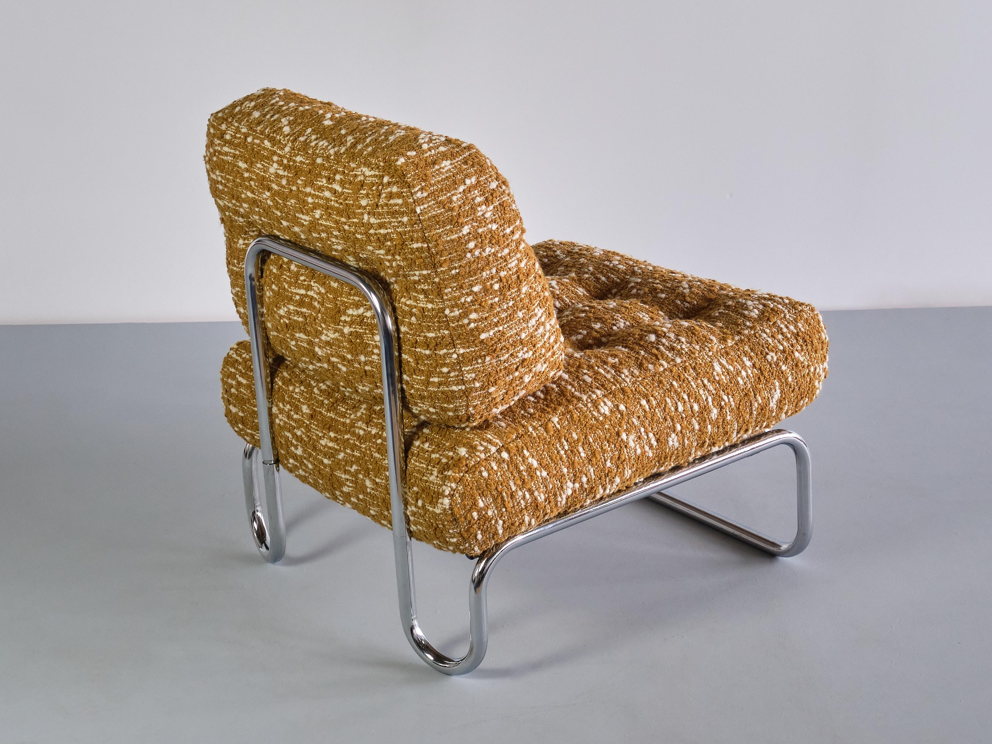 Tubular Lounge Chair in Chromed Metal and Ochre Élitis Bouclé, Germany, 1970s In Good Condition In The Hague, NL