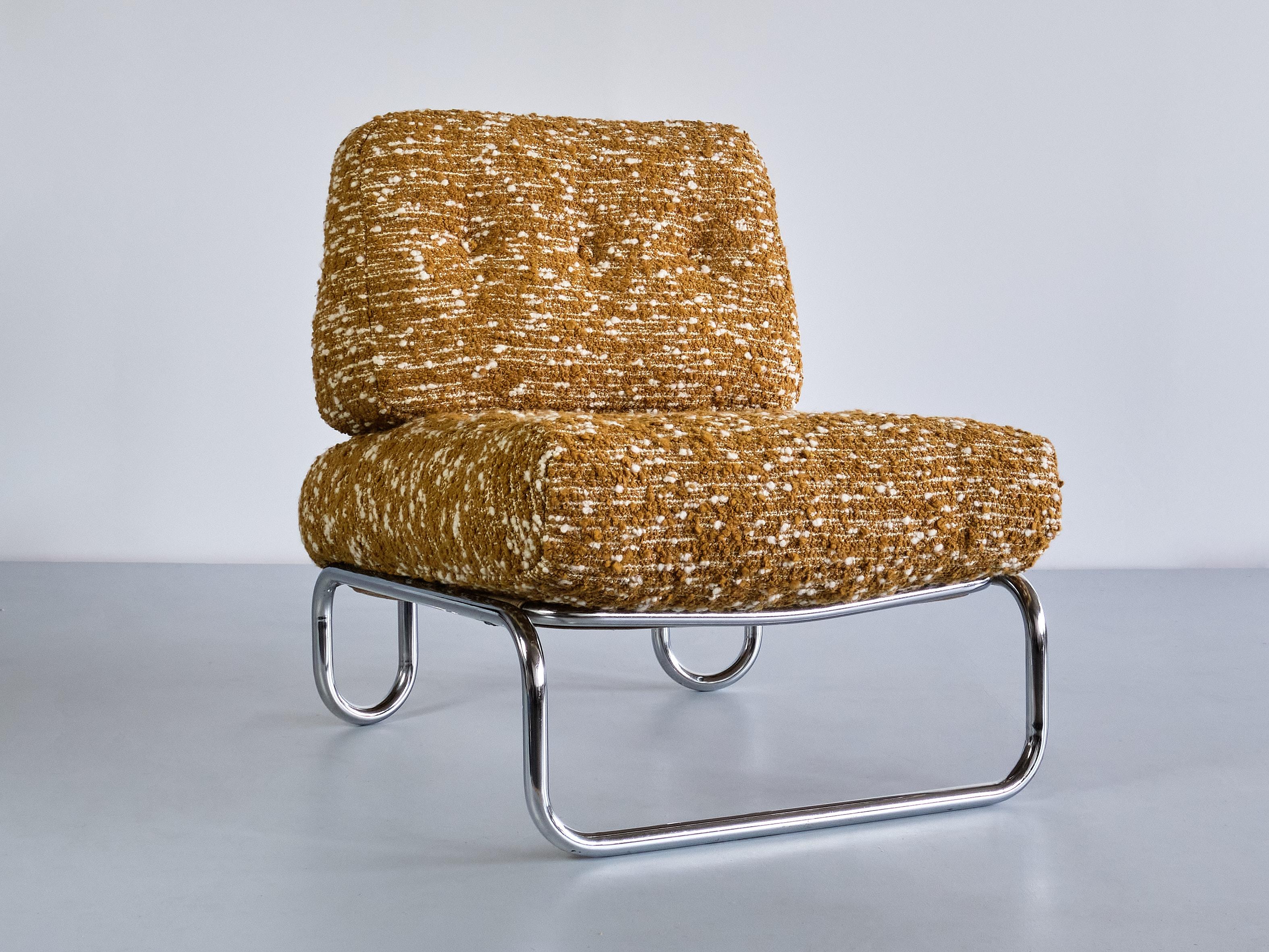 Late 20th Century Tubular Lounge Chair in Chromed Metal and Ochre Élitis Bouclé, Germany, 1970s For Sale