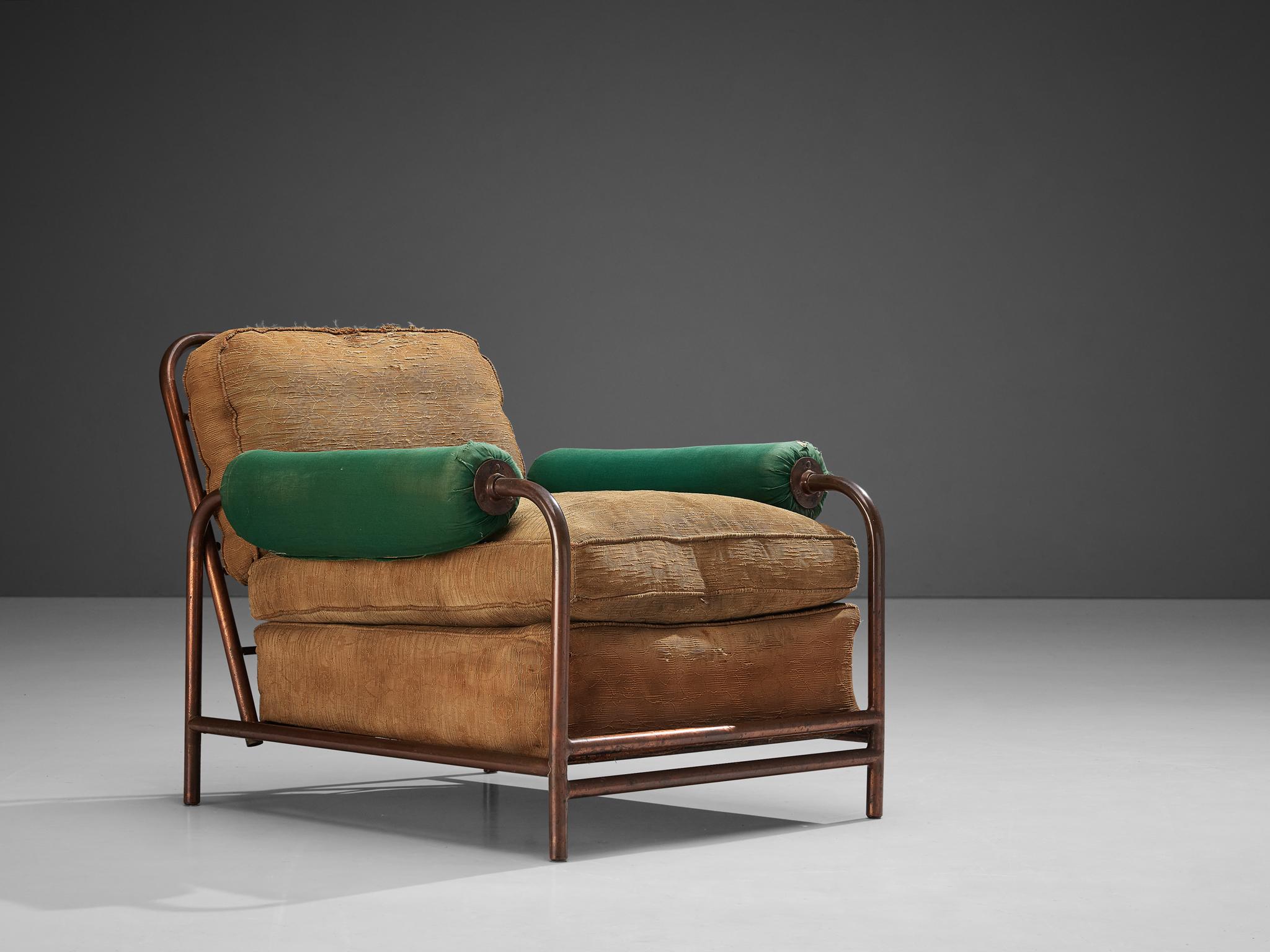 Donald Deskey for Ypsilanti Reed Furniture Company, fabric, copper, United States, designed c. 1929

This rare and eccentric lounge chair is designed by Donald Deskey for Ypsilanti Reed Furniture Company. The tubular frame is executed in copper