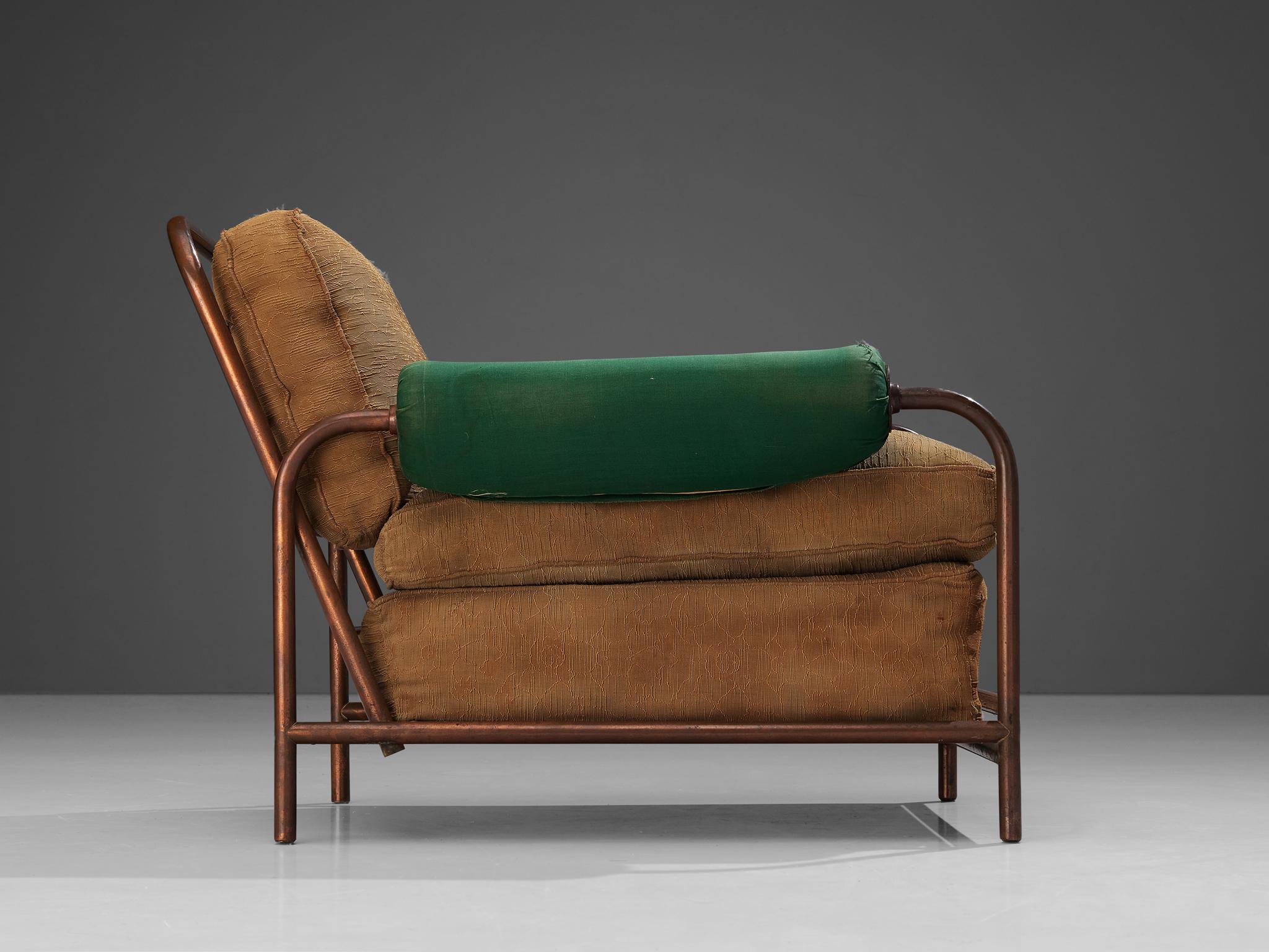 Mid-Century Modern Rare Donald Deskey Tubular Lounge Chair in Copper with Green and Beige Upholster