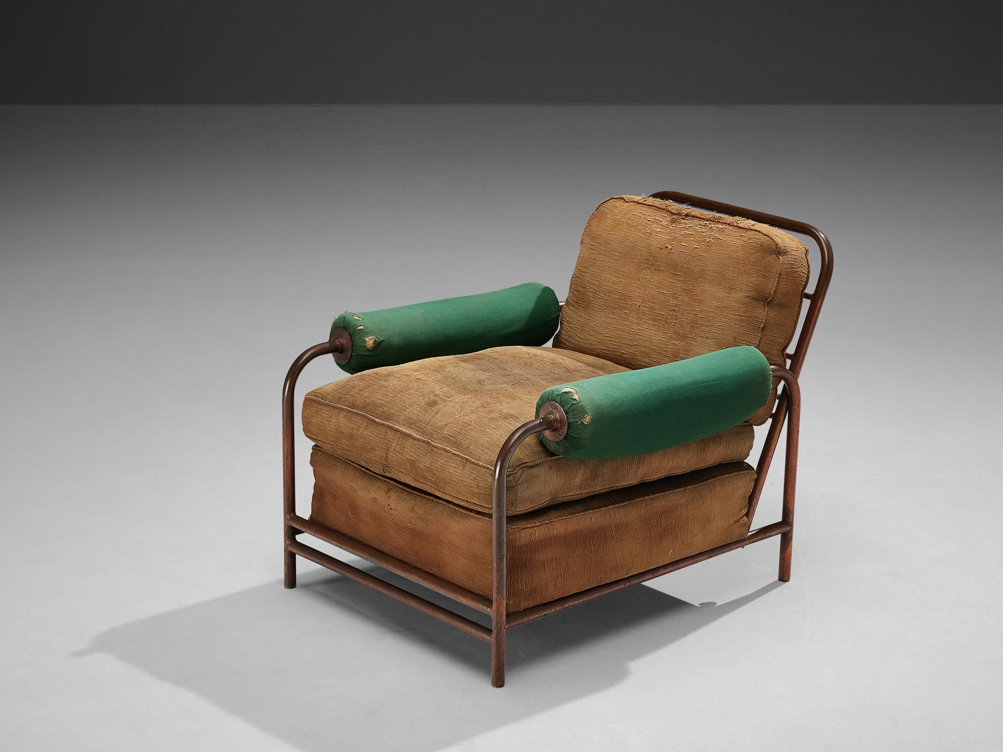 Rare Donald Deskey Tubular Lounge Chair in Copper with Green and Beige Upholster In Good Condition In Waalwijk, NL