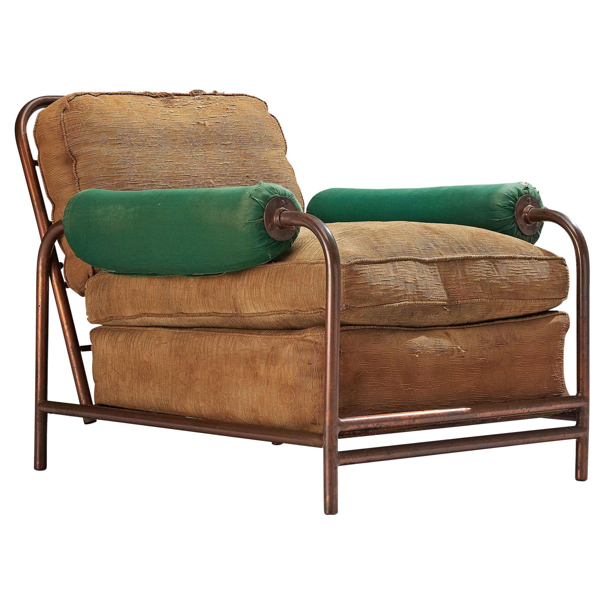 Rare Donald Deskey Tubular Lounge Chair in Copper with Green and Beige Upholster