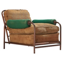Tubular Lounge Chair in Copper with Green and Beige Upholstery