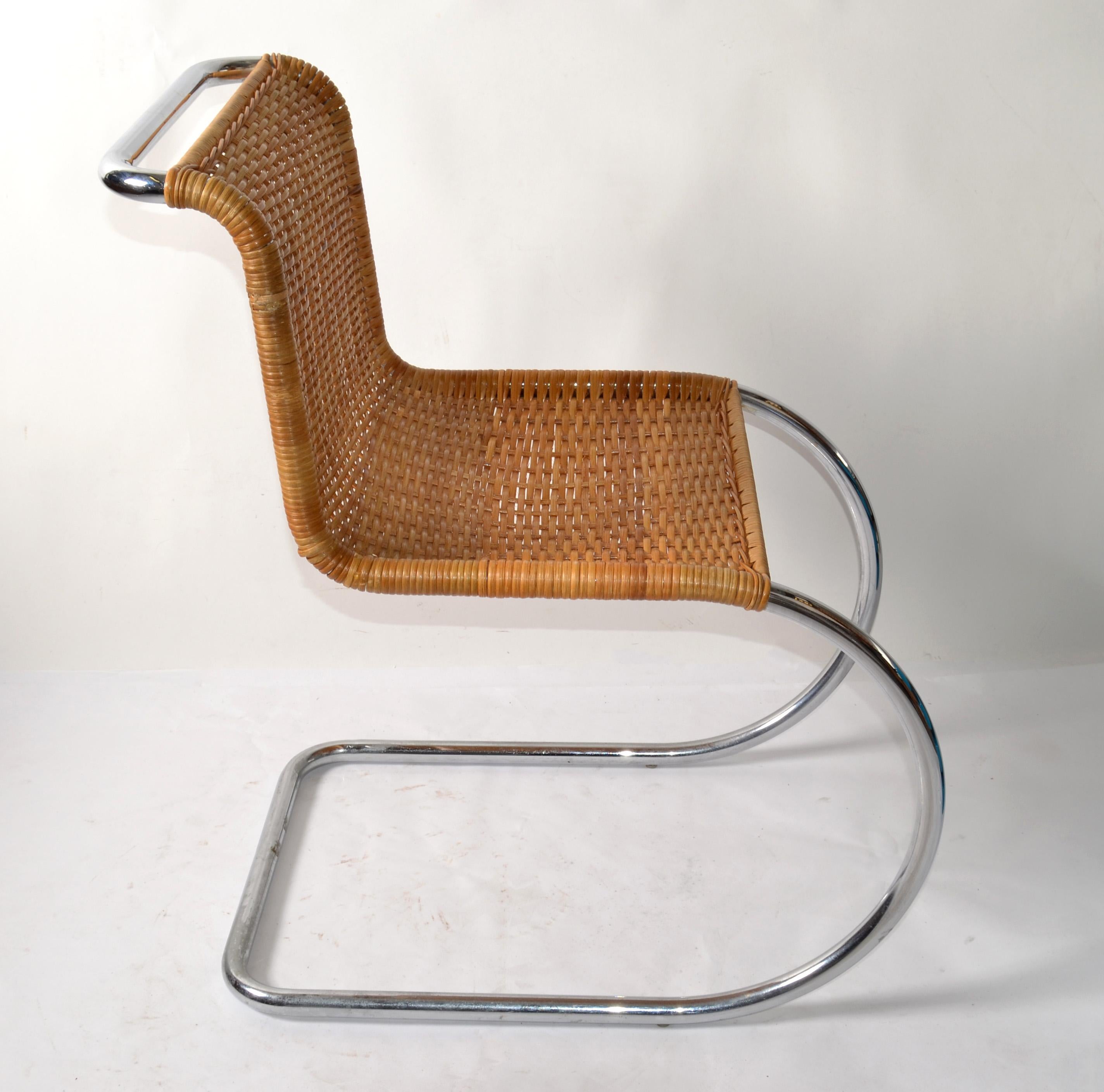 Ludwig Mies van der Rohe attributed Mr Chair armless Cantilever Side Chair in Chrome Finish with the original handwoven Cane Seat attributed to Knoll.
The MR Collection represents some of the earliest steel furniture designs by Mies van der Rohe.