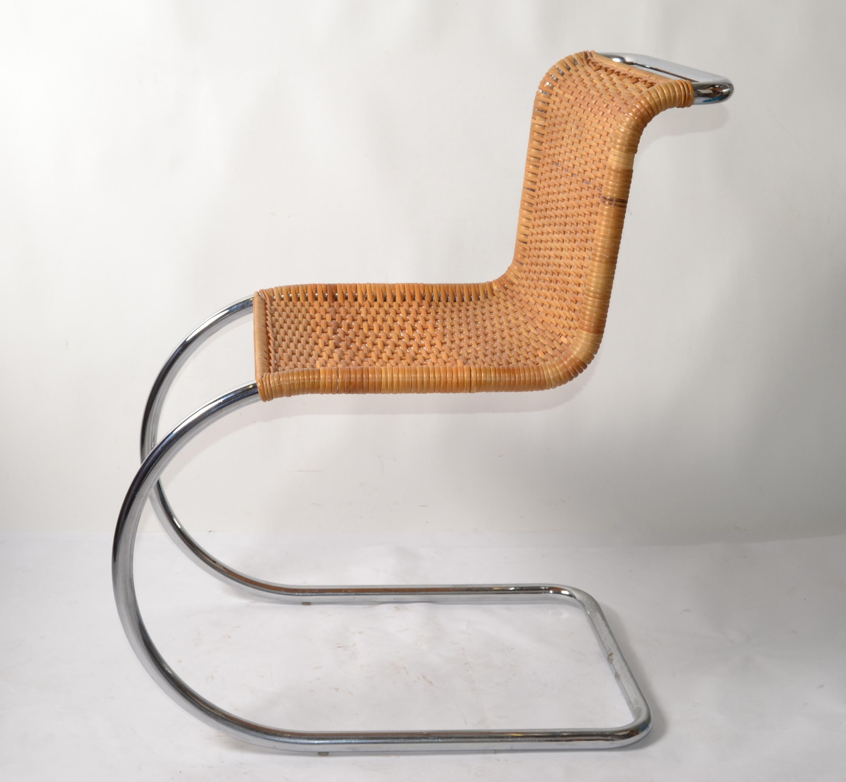 American Tubular Ludwig Mies van der Rohe Attributed Mr Chair Armless Woven Cane Seat 70s For Sale